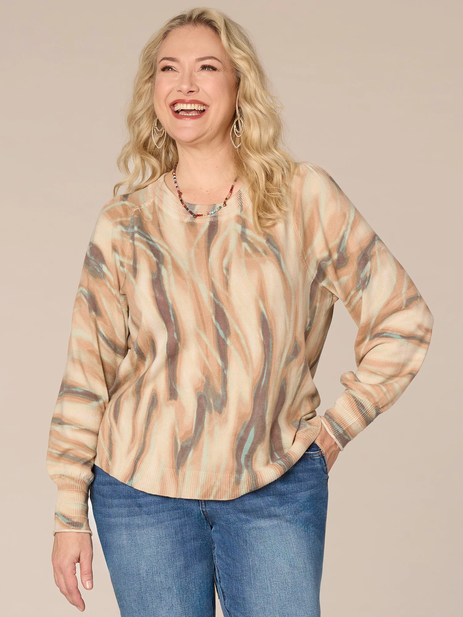 Puff Sleeve Round Neck Abstract Print Plus Size Sweater - Legahigh