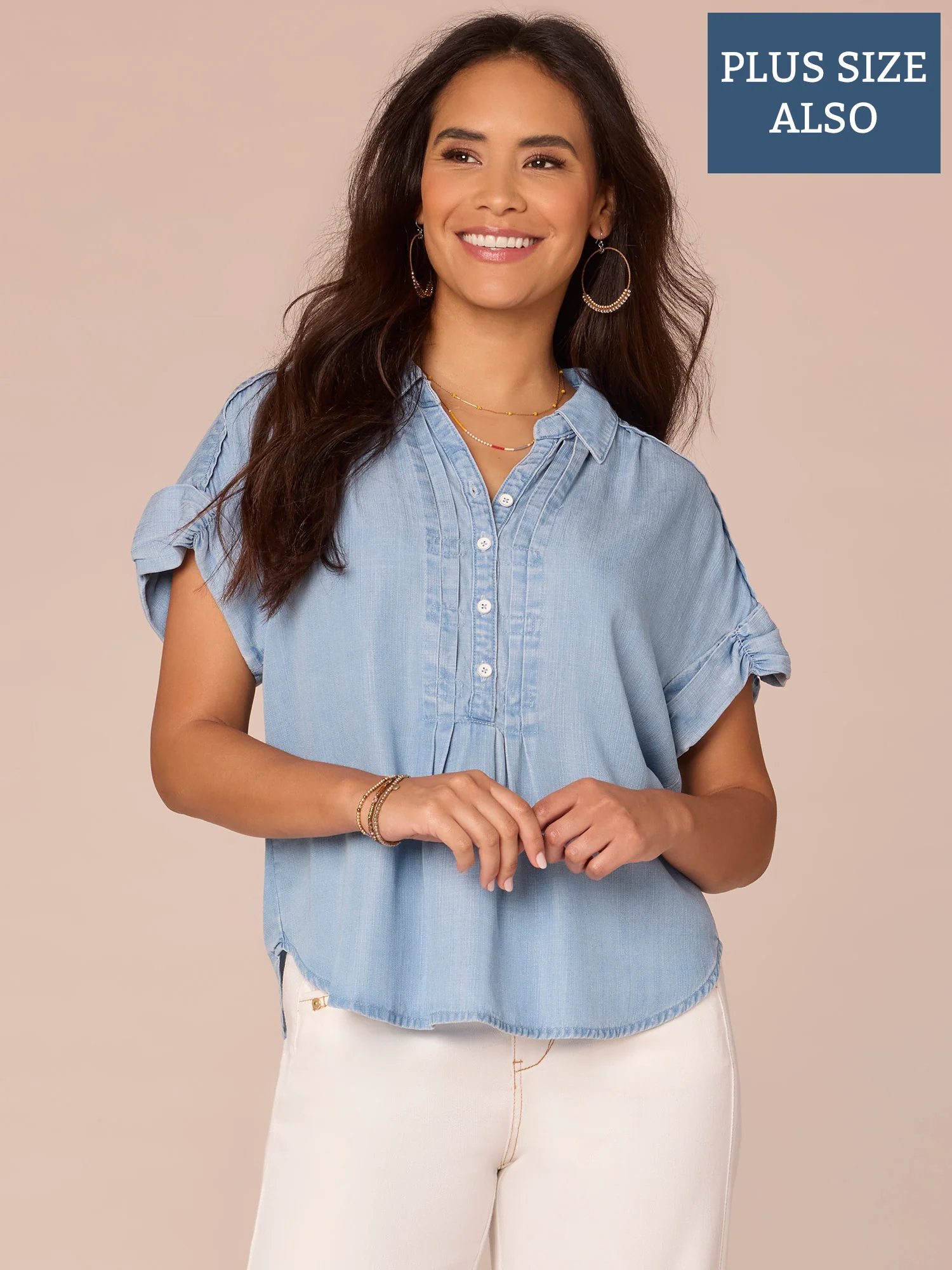 Short Sleeve Collar Button Down Pleated Front Plus Size Woven Shirt - Legahigh