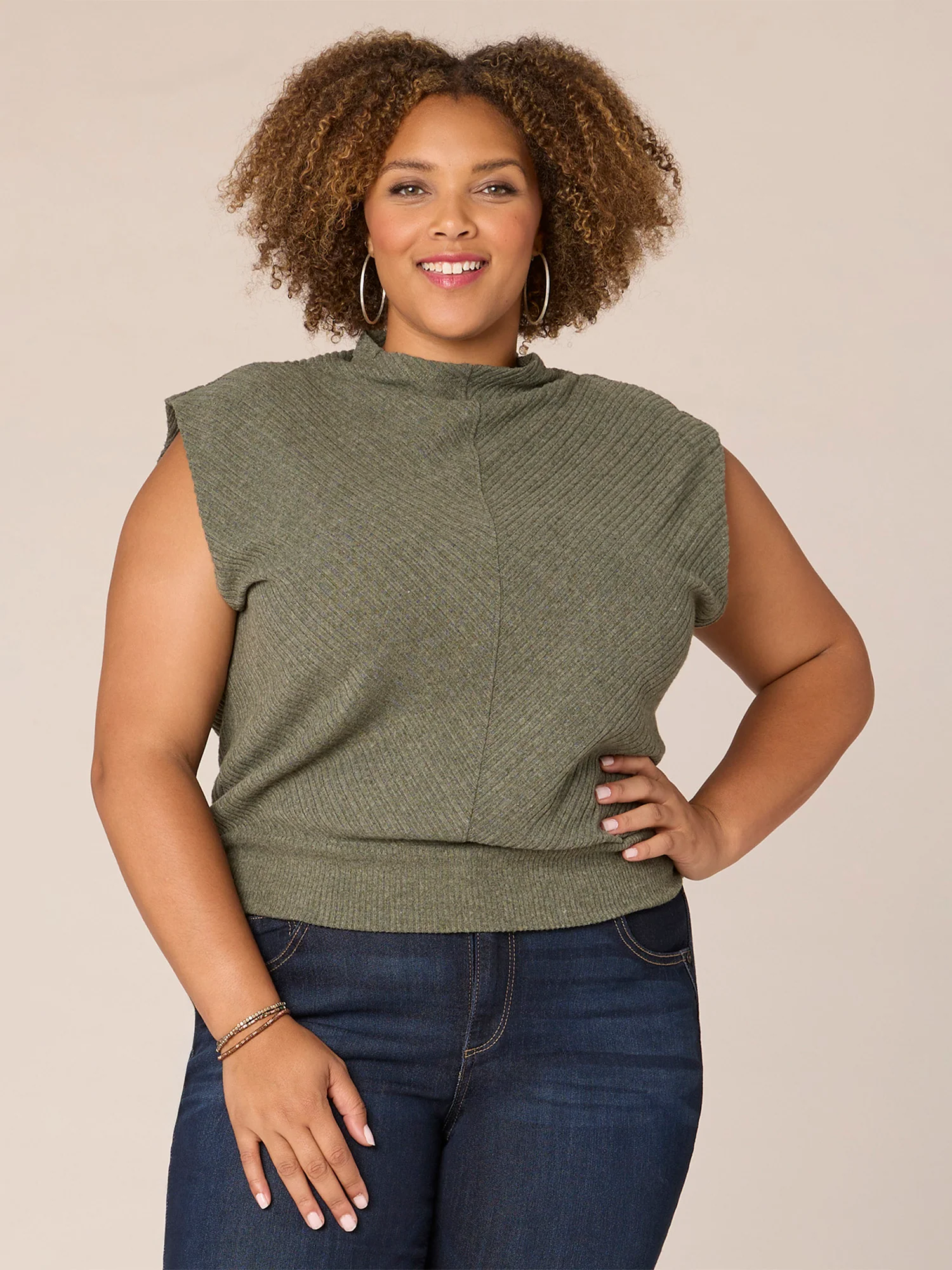 Cap Sleeve Funnel Neck Side Casing Banded Plus Size Knit Top - Legahigh