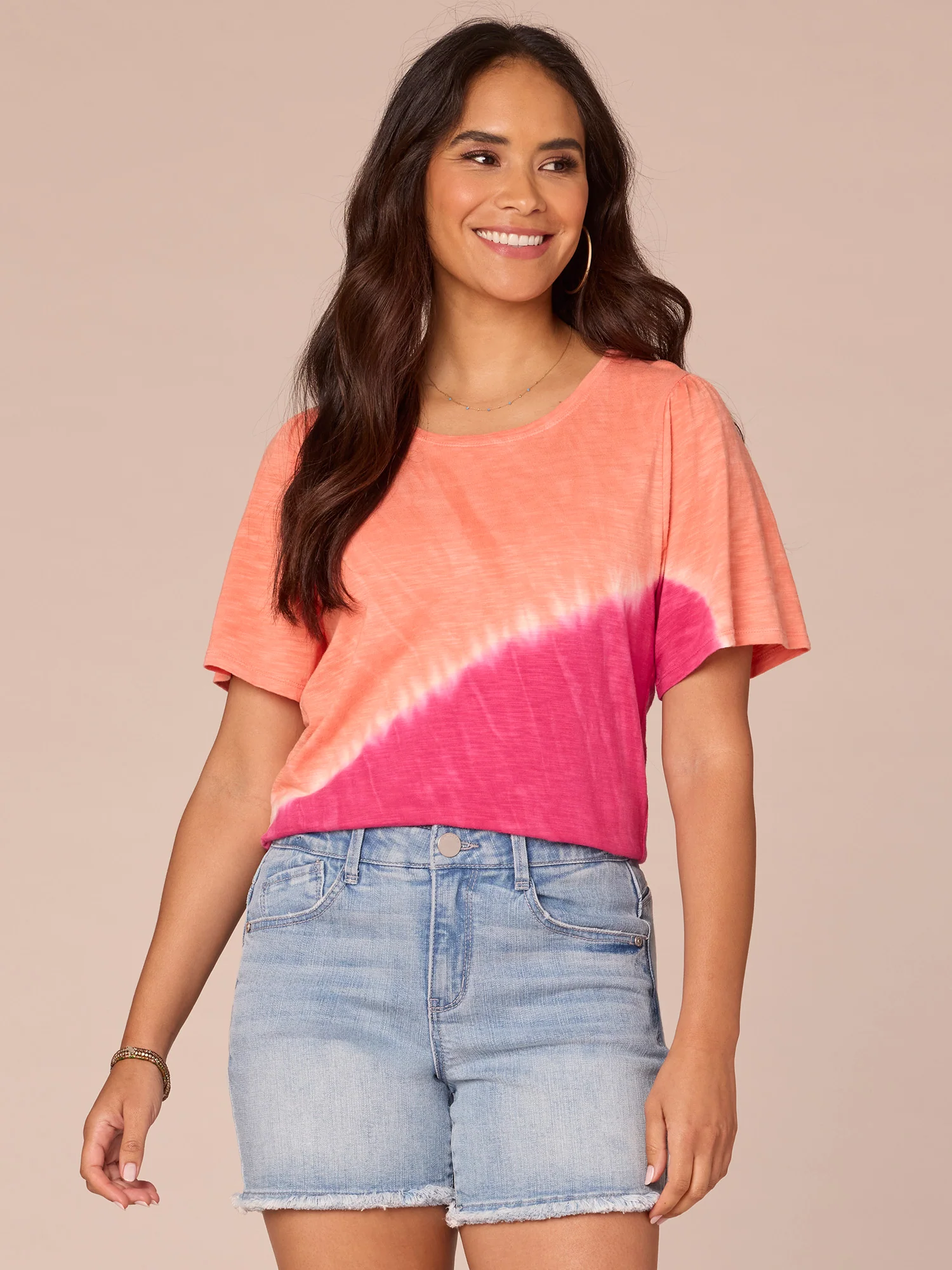 Short Bell Sleeve Scoop Neck Placement Tie Dye Knit Tee - Legahigh