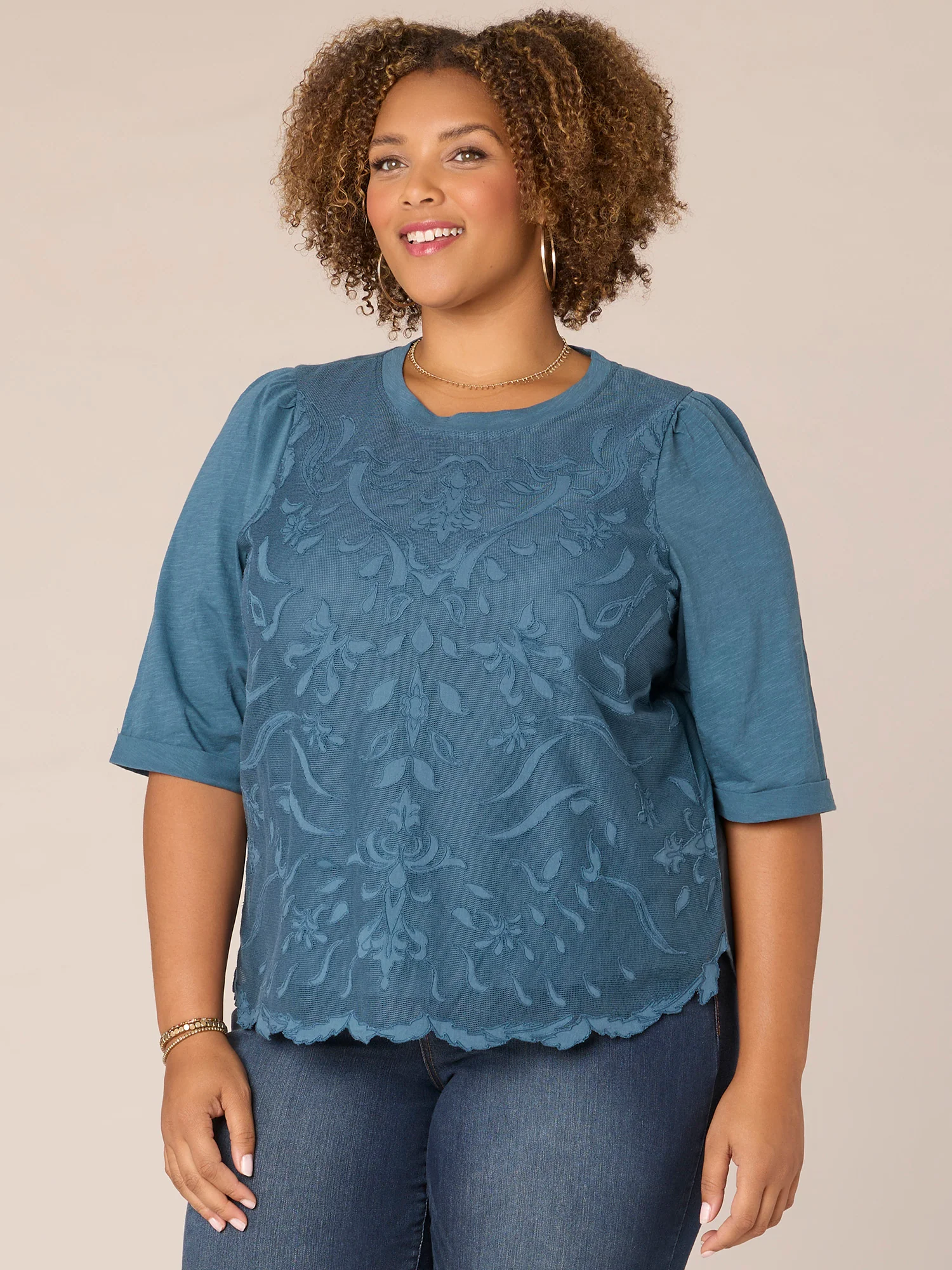 Elbow Puff Sleeve Round Neck Embroidered Plus Size Woven Top - Legahigh