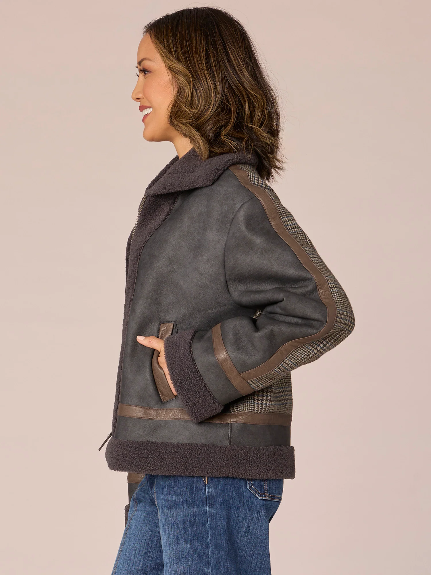 Long Sleeve Zip Front Wide Collar Jacket with Sherpa Lining - Legahigh