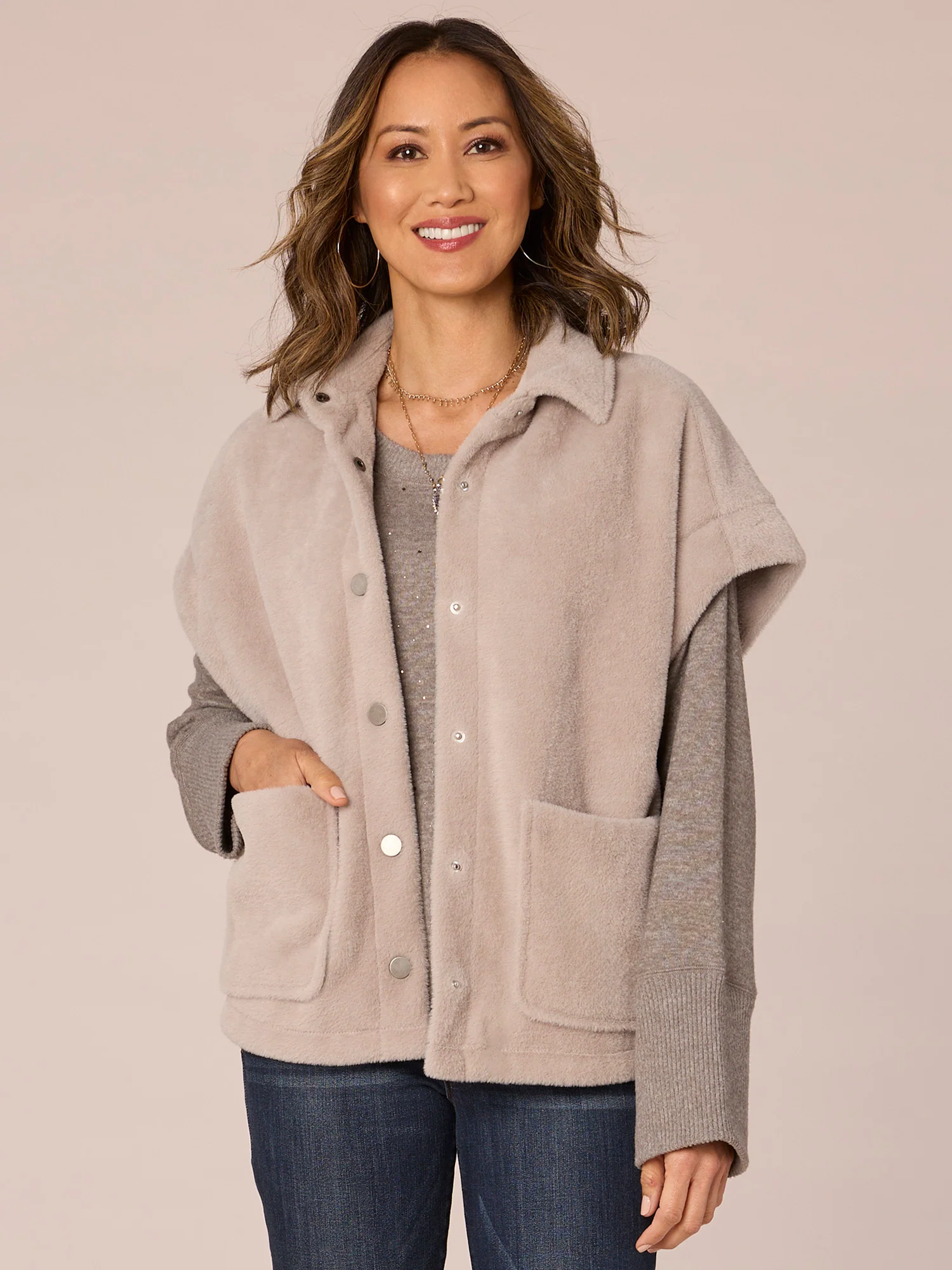 Extended Drop Shoulder Sleeve Button Front Patch Pocket Knit Vest - Legahigh