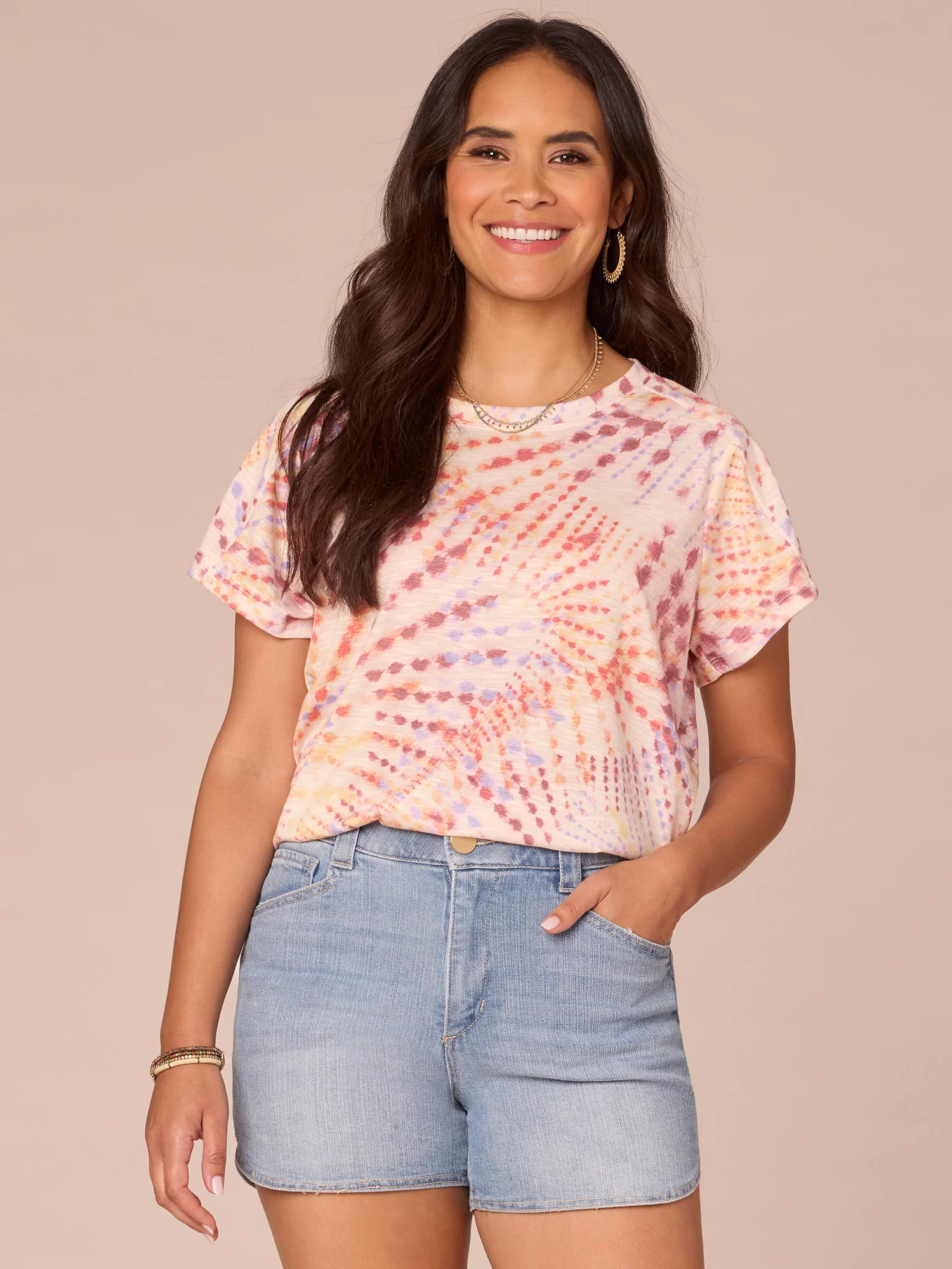 Short Sleeve Scoop Neck Placement Print Knit Boyfriend Tee - Legahigh