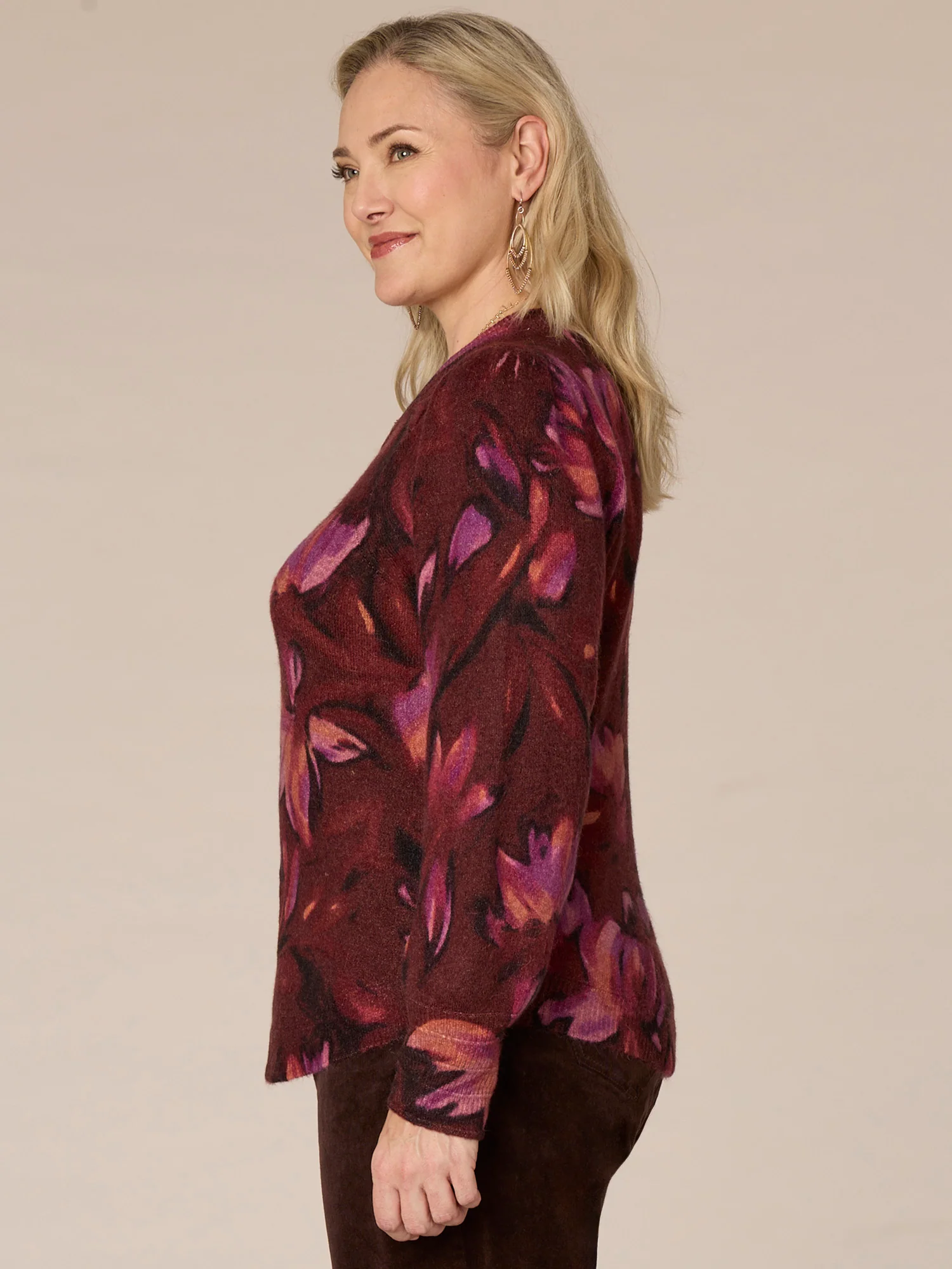 Puff Sleeve Round Neck Abstract Floral Printed Plus Size Sweater - Legahigh