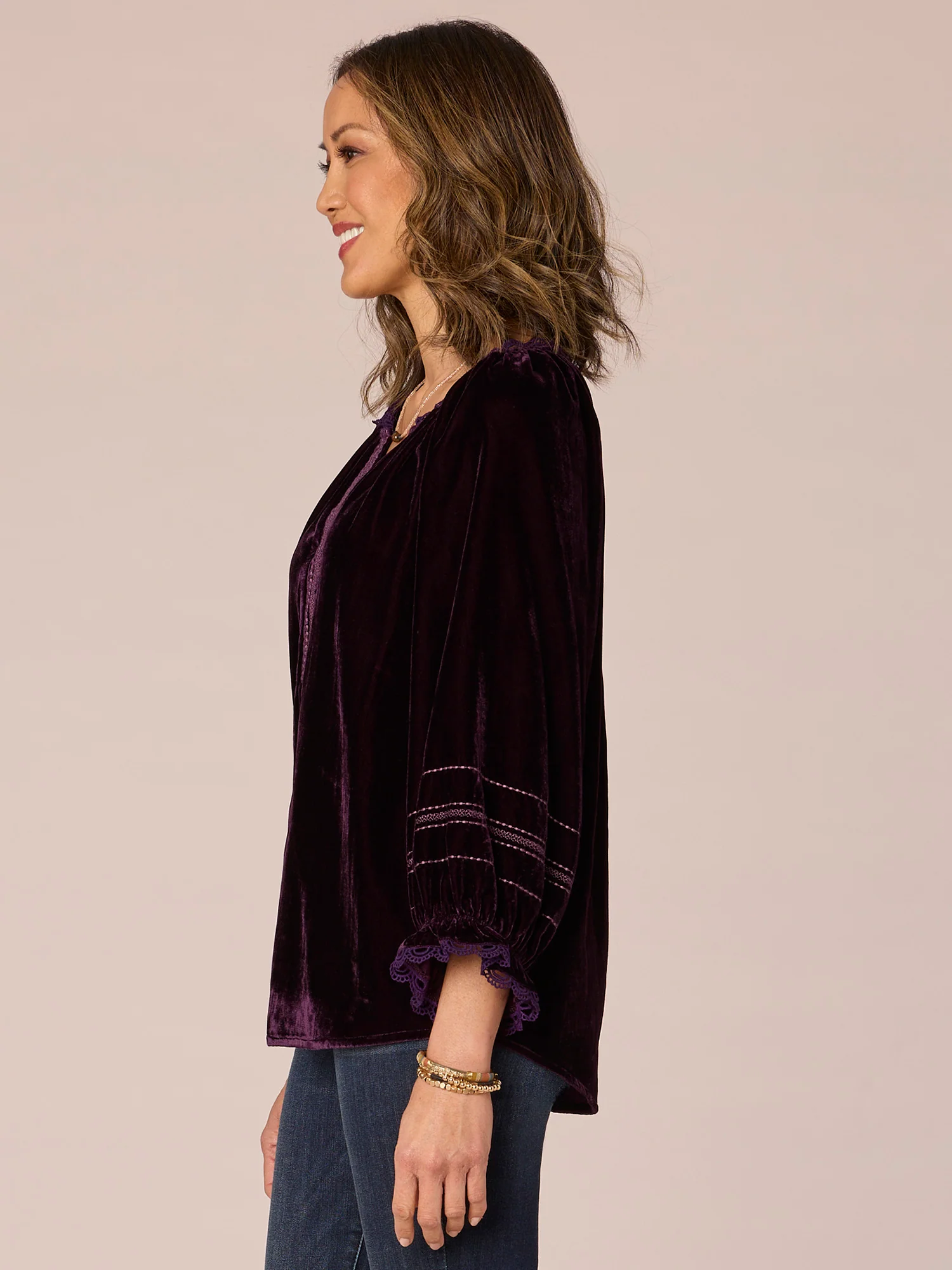 Three Quarter Sleeve Ruffle Edge Split V-Neck Placket Petite Woven Top - Legahigh