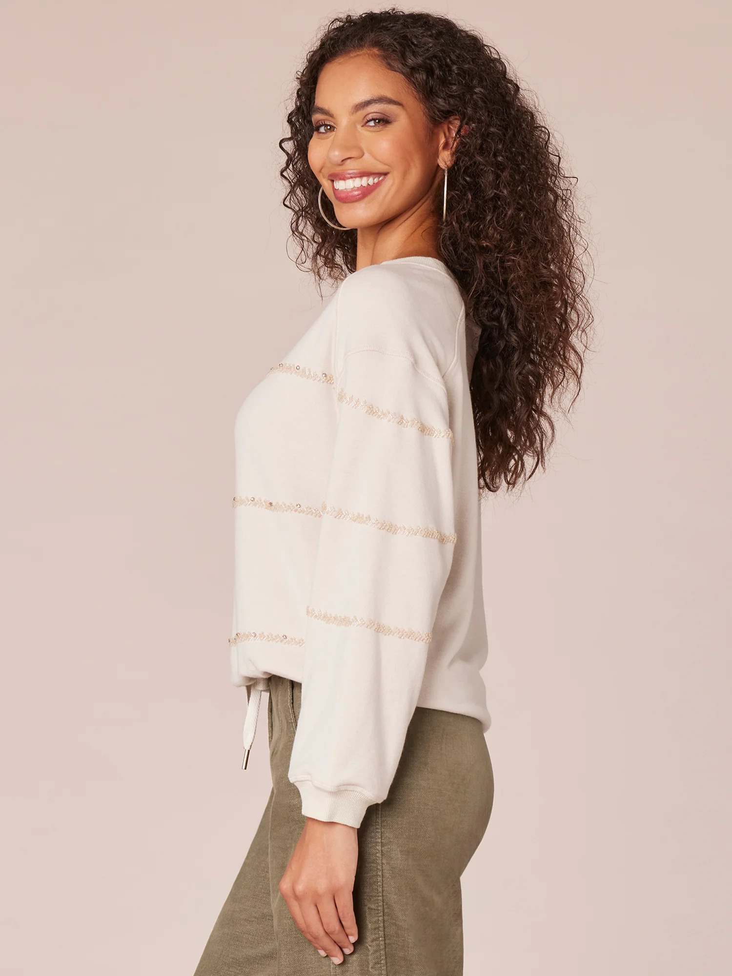 Long Sleeve Scoop Neck Beaded Stripe Cased Hem Knit Sweatshirt - Legahigh