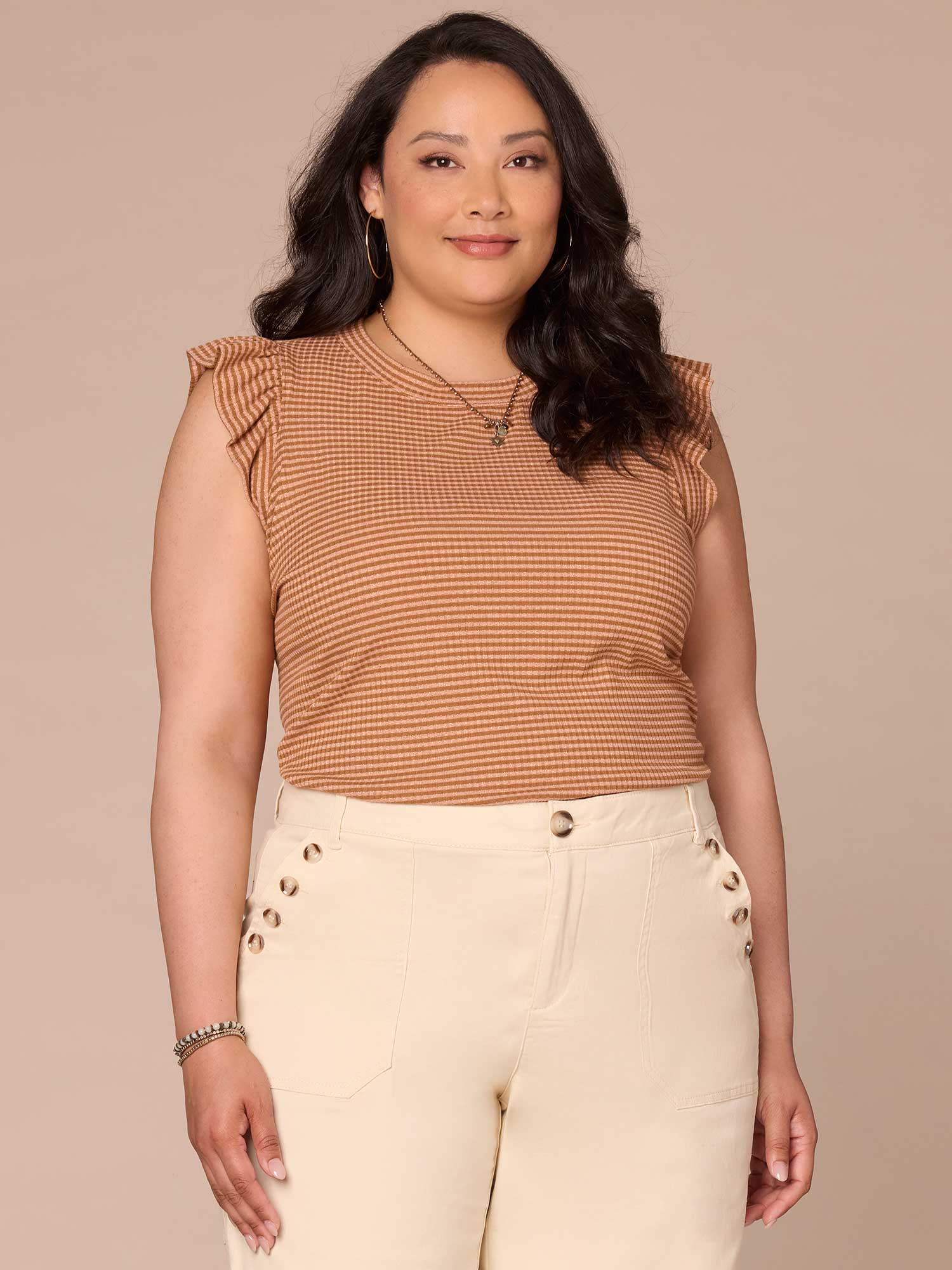 Ruffle Cap Sleeve Crew Neck Metallic Stripe Plus Size Knit Top - Legahigh