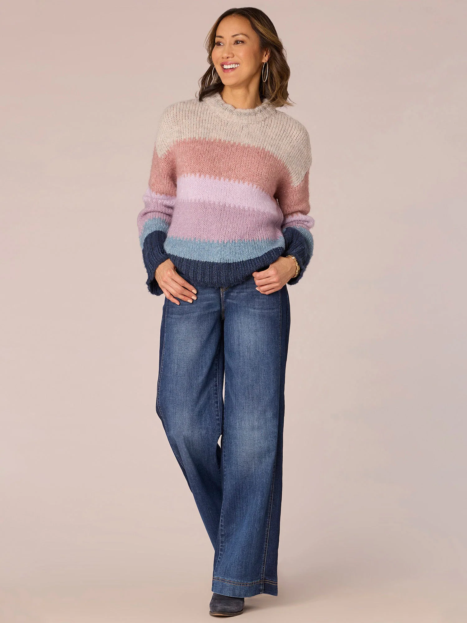 Long Sleeve High Round Neck Multi Color Stripe Sweater - Legahigh