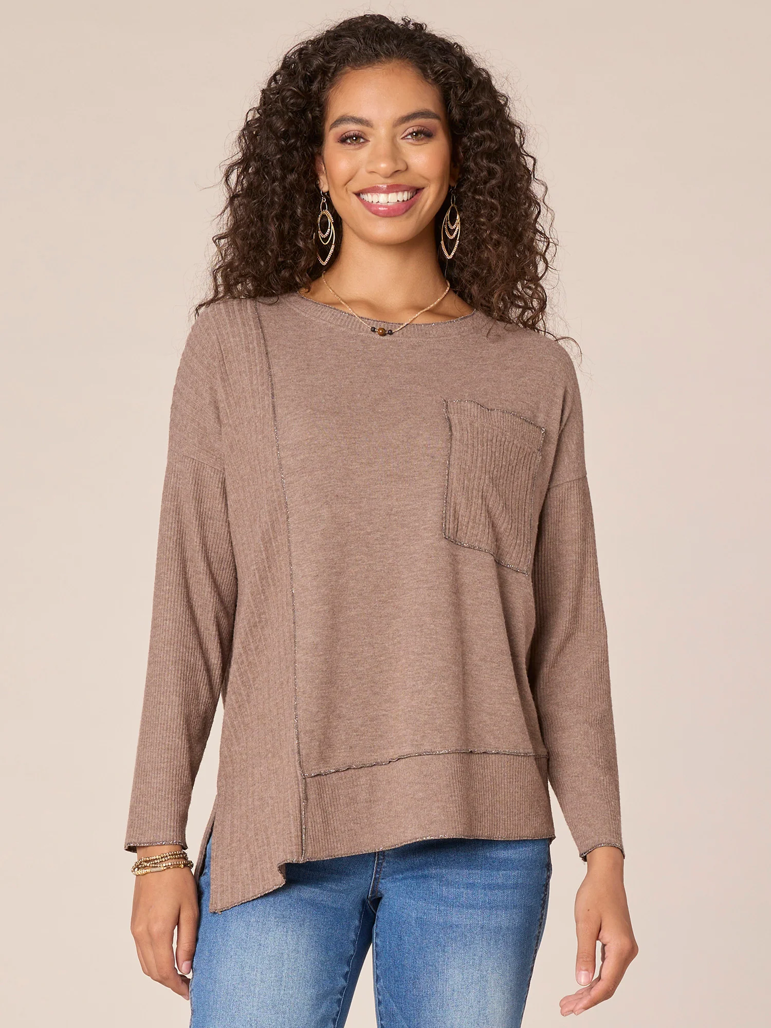 Long Sleeve Scoop Neck Asymmetrical Hem Mixed Media Knit Top - Legahigh