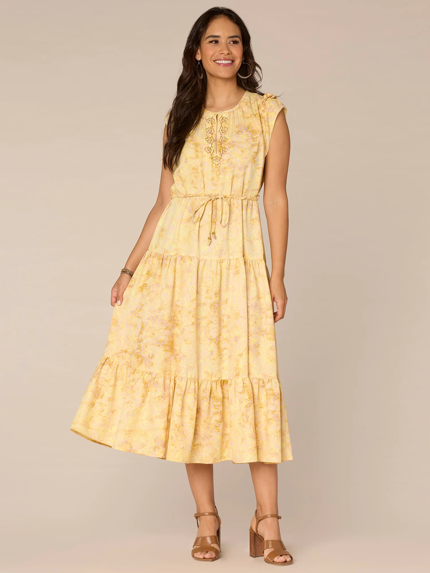 Ruffle Cap Sleeve Round Neck Elastic Waist Abstract Print Woven Dress - Legahigh