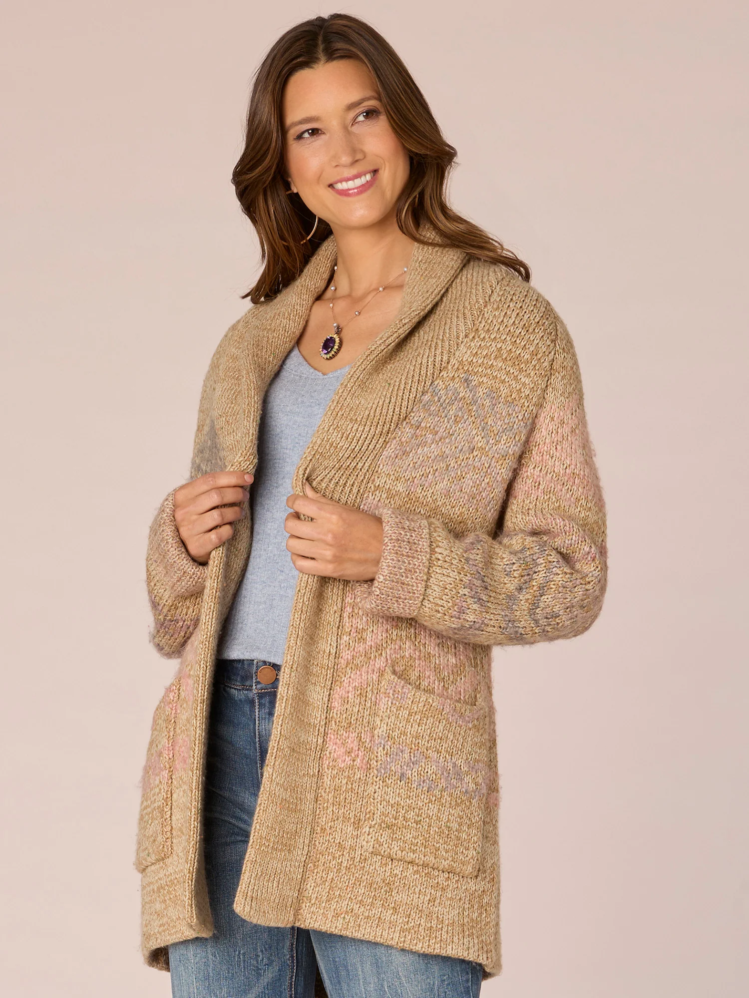 Long Sleeve Shawl Collar Patch Pocket Ombre Jacquard Sweater Cardigan - Legahigh