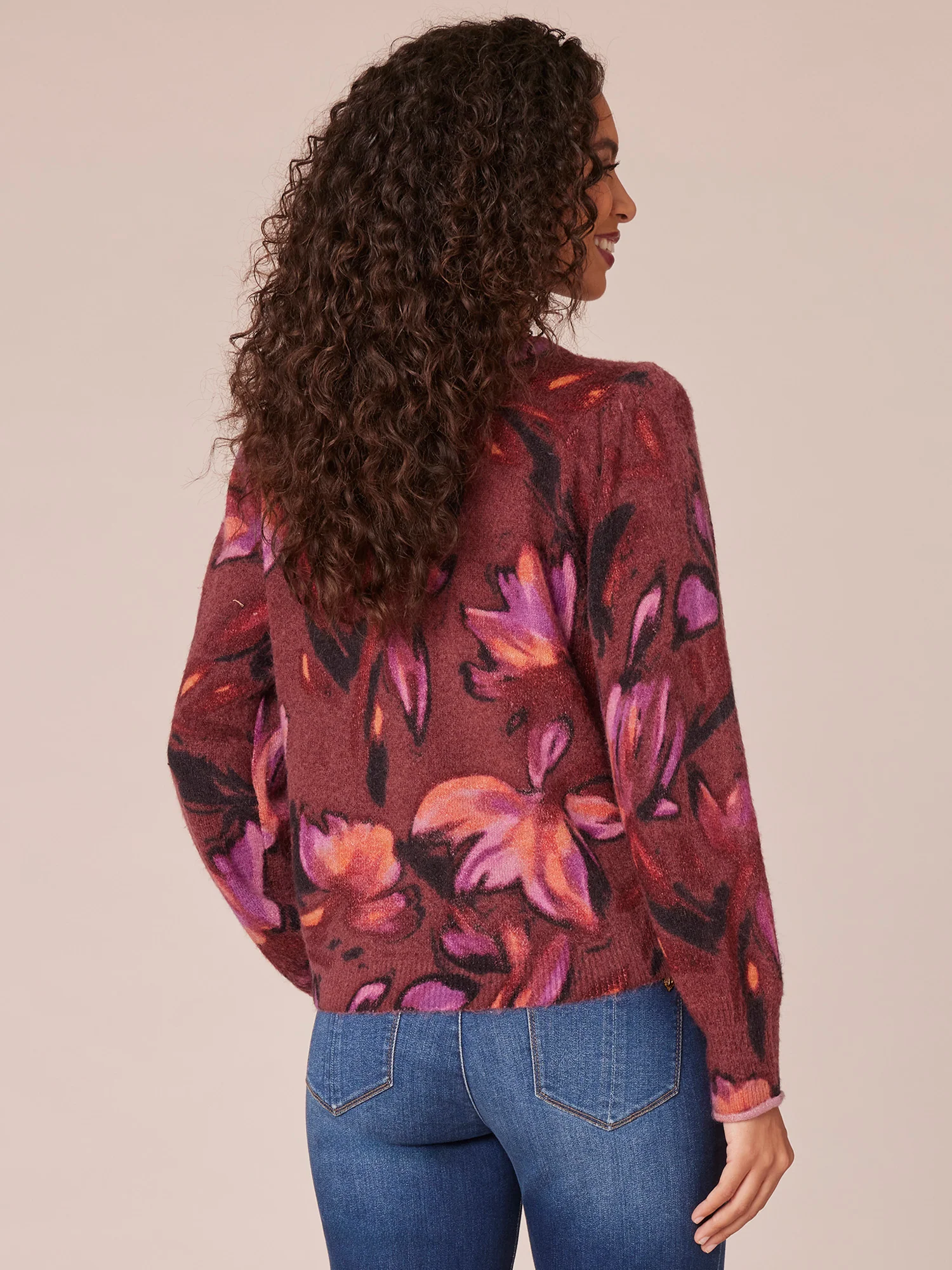 Long Puff Sleeve Round Neck Abstract Floral Print Sweater - Legahigh