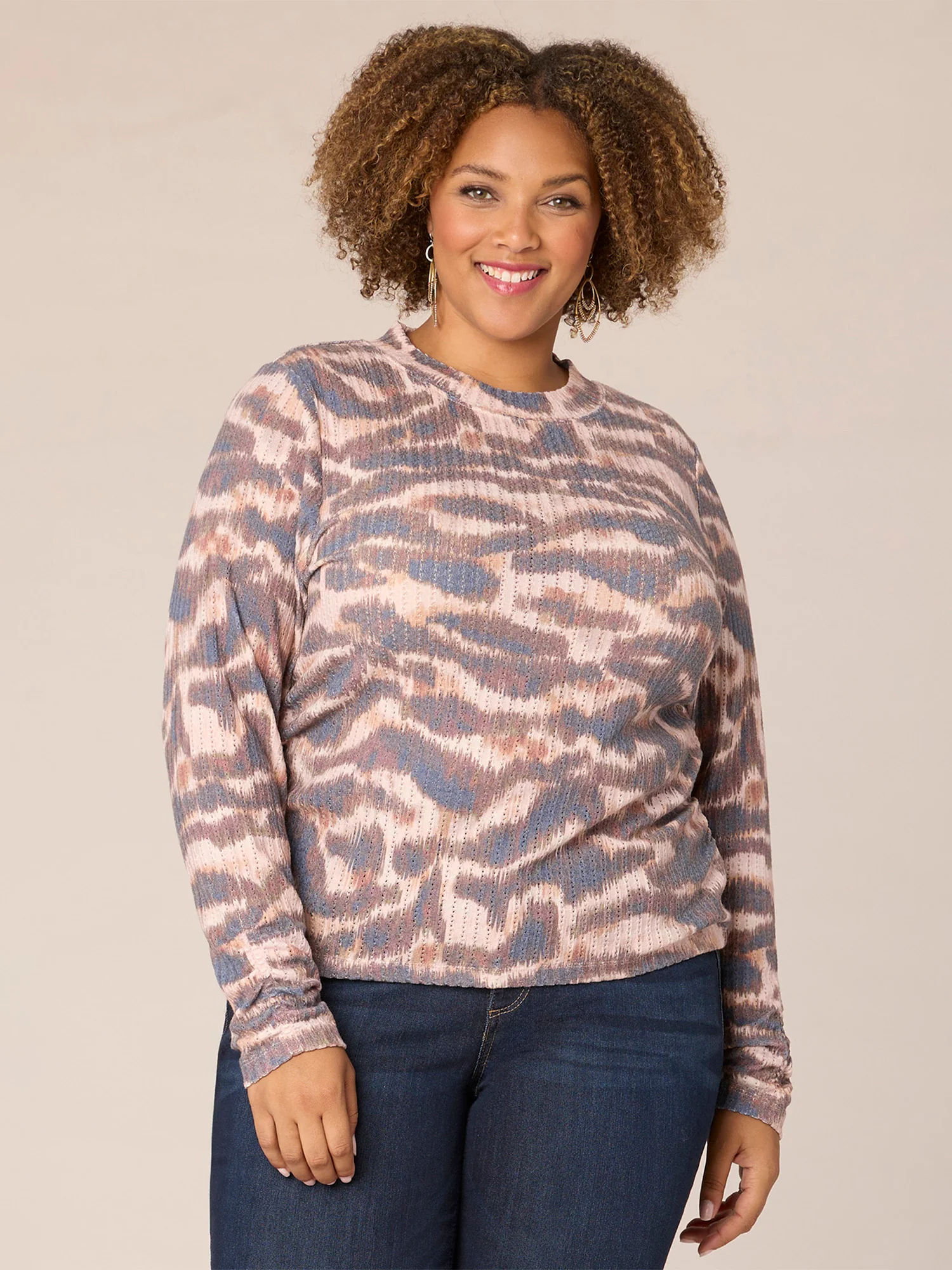 Long Sleeve Crew Neck Ruched Abstract Print Plus Size Knit Top - Legahigh