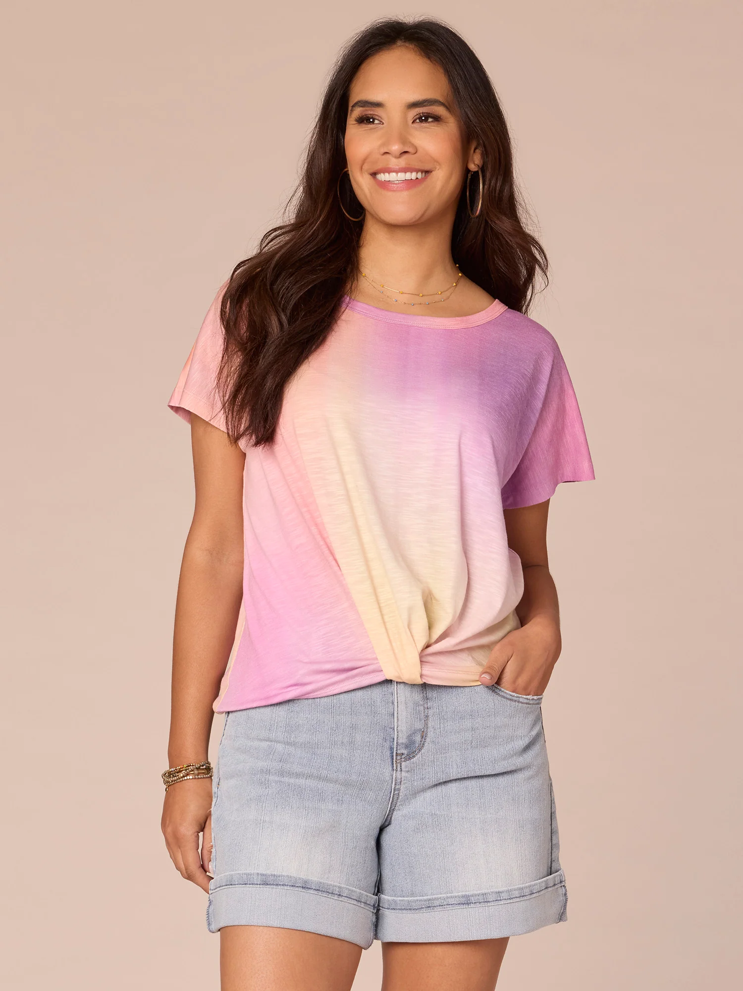 Short Sleeve Scoop Neck Twist Front Hem Placement Print Knit Top - Legahigh