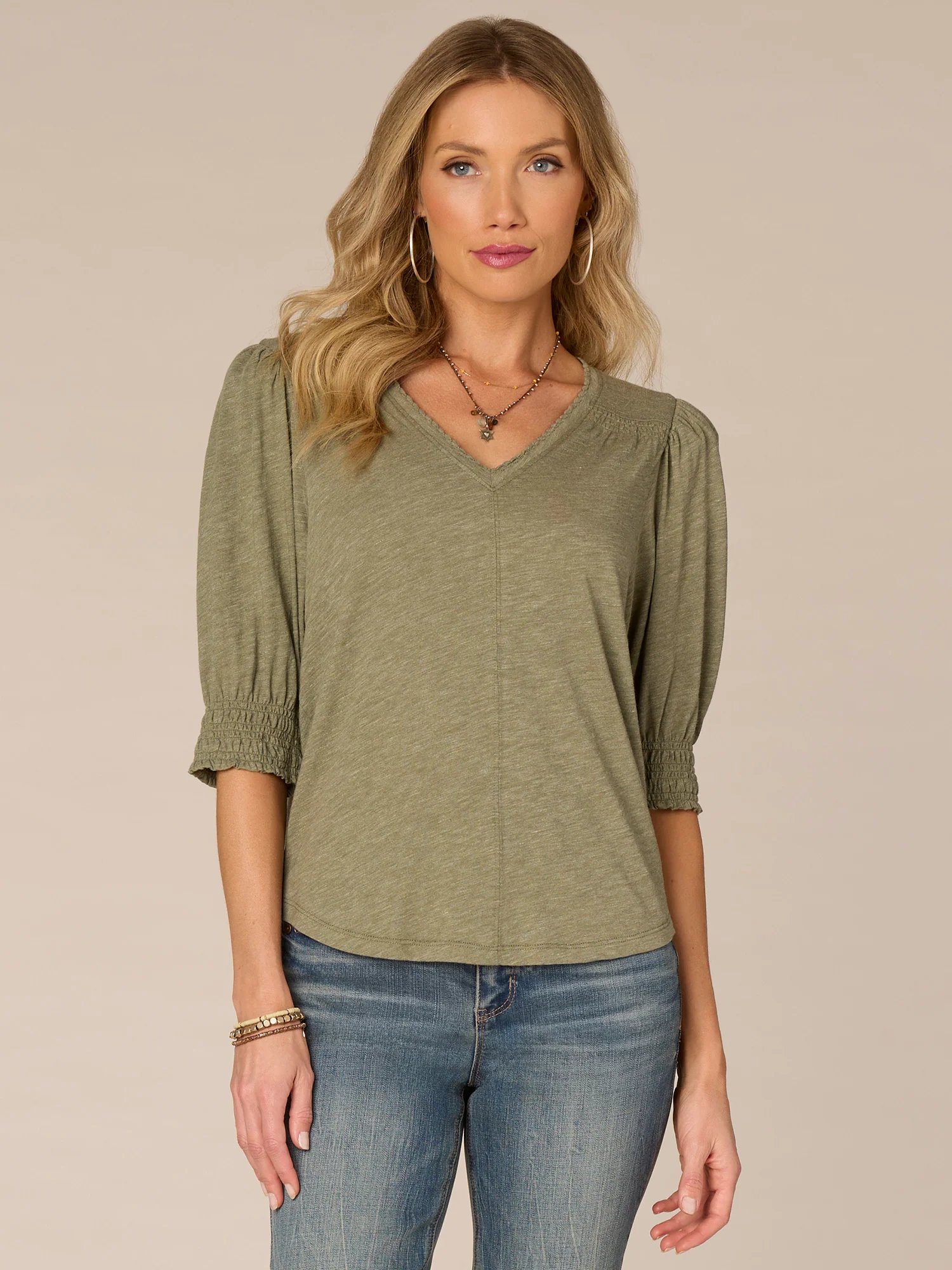 Smocked Elbow Blouson Sleeve V-Neck Petite Knit Top - Legahigh