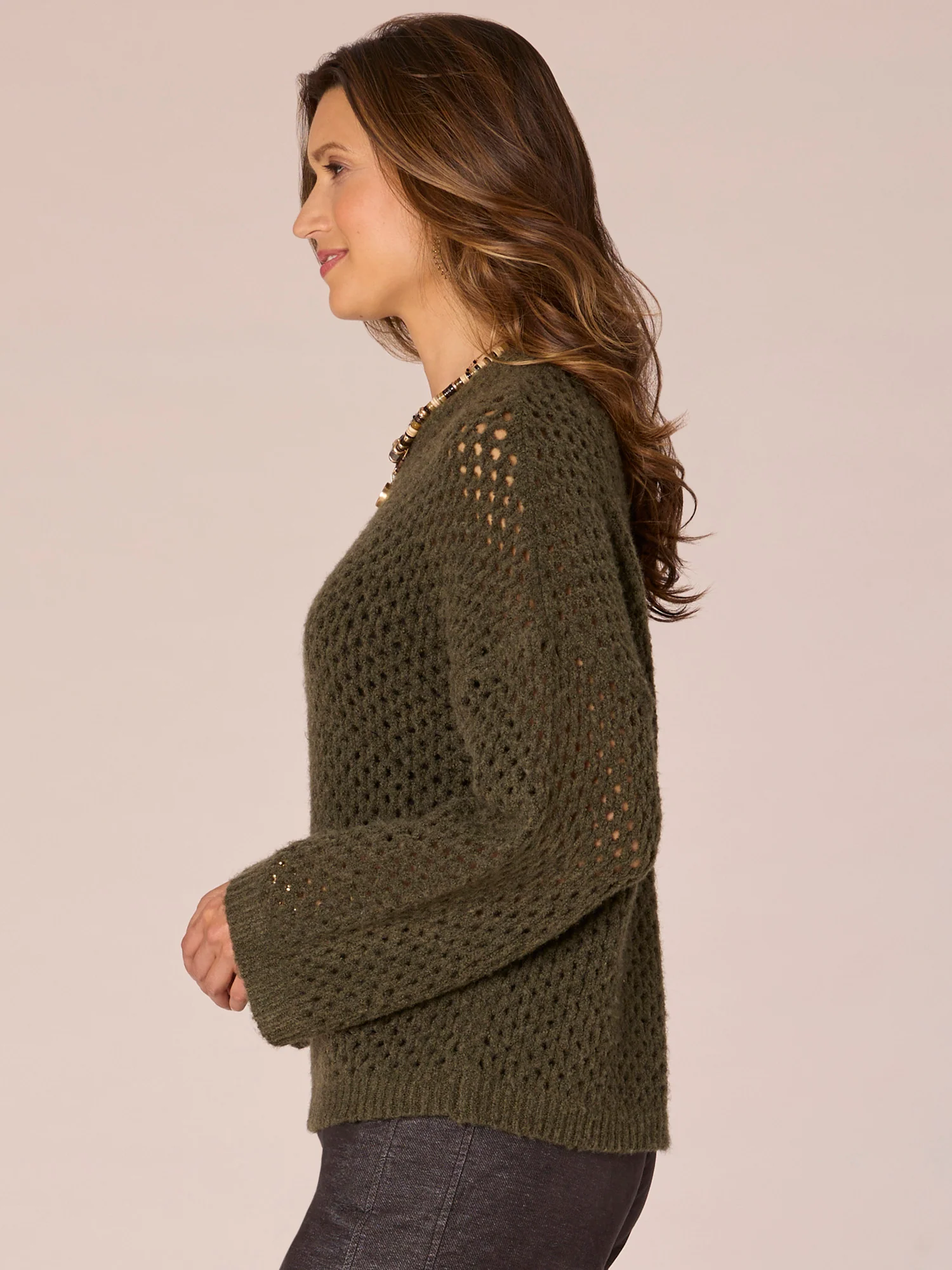 Long Sleeve Round Neck Open Work Sweater - Legahigh