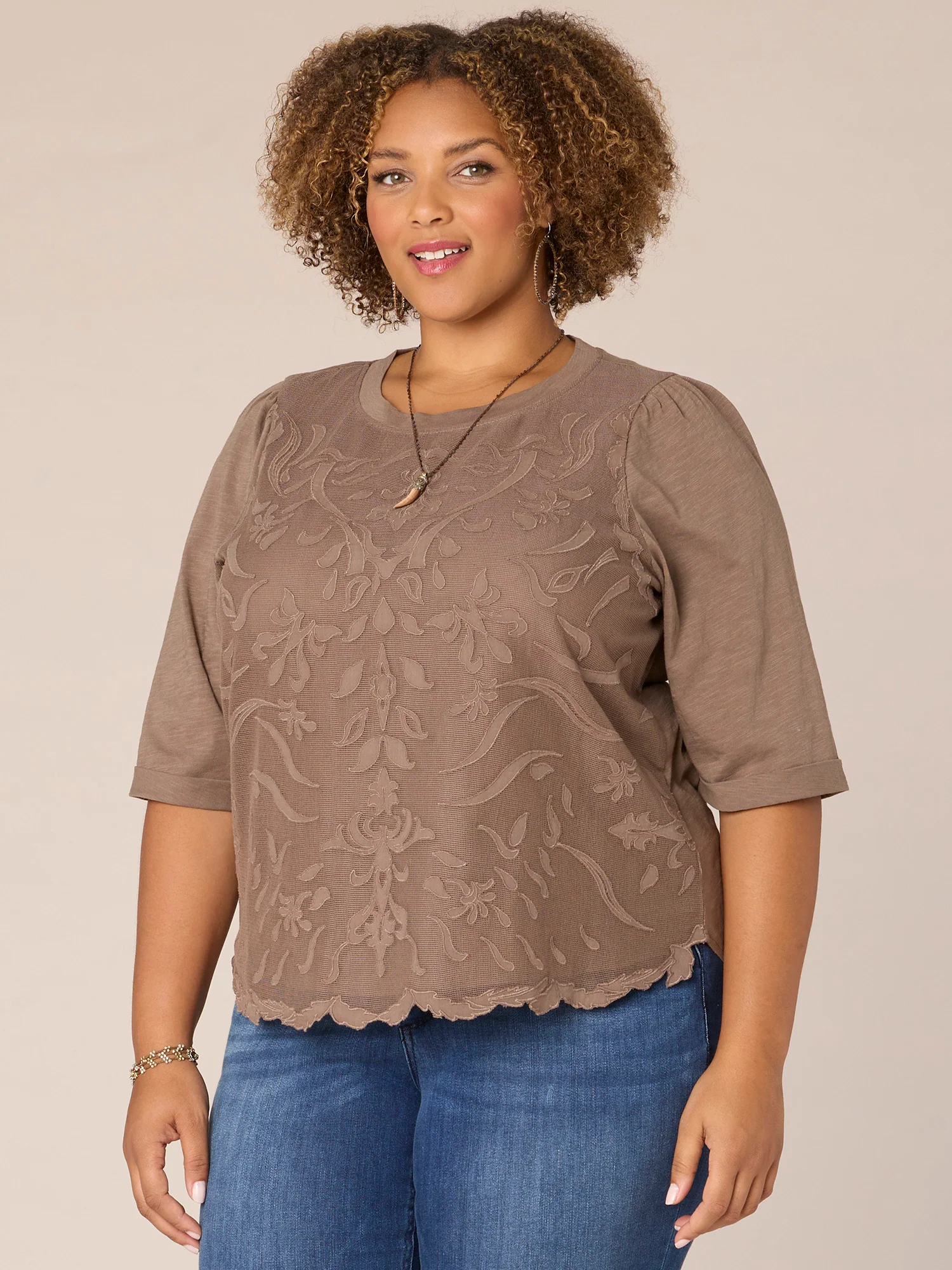 Elbow Puff Sleeve Round Neck Embroidered Plus Size Woven Top - Legahigh