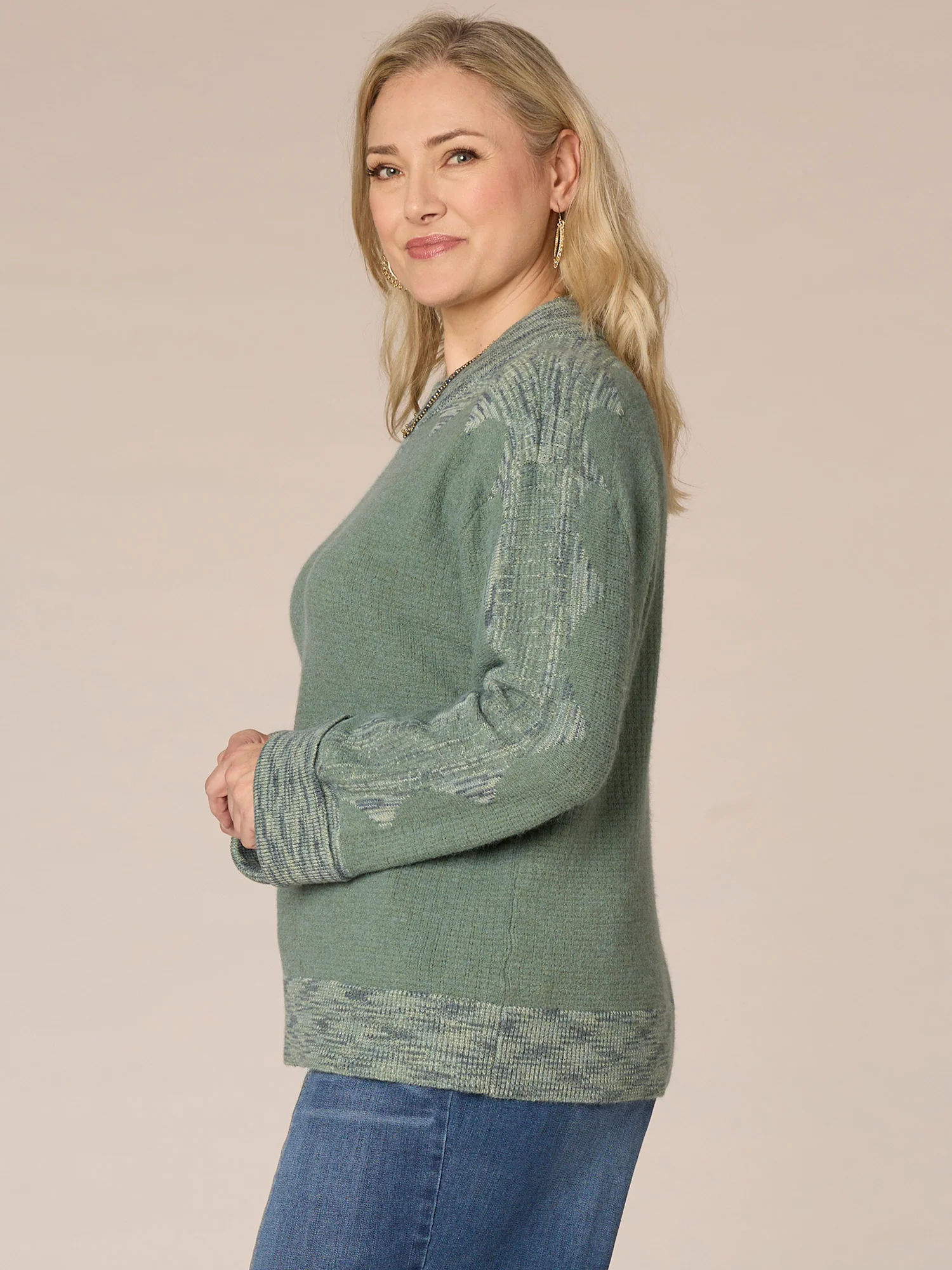 Cuffed Sleeve Mock Neck Plus Size Sweater with Space Dye Framing - Legahigh