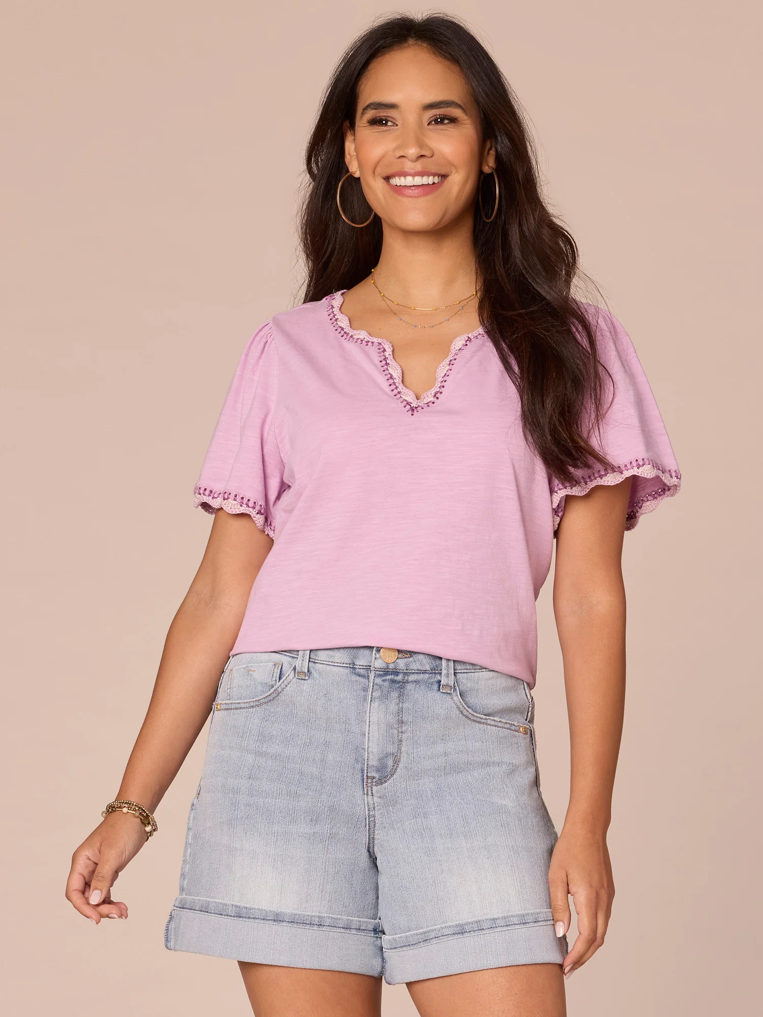 Short Bell Sleeve Scallop Crochet Edge Split V-Neck Petite Knit Top - Legahigh