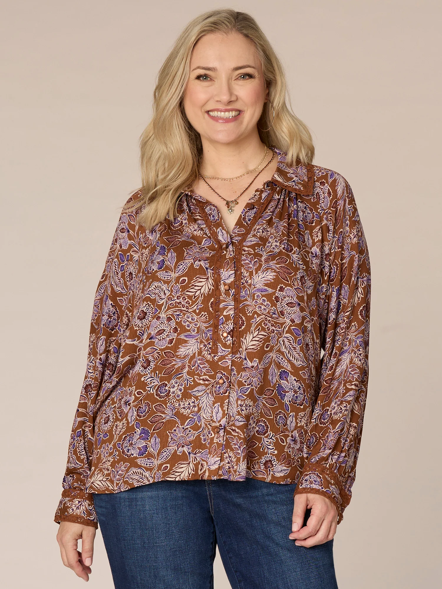 Long Sleeve Collared Crochet Placket Printed Plus Size Woven Shirt - Legahigh