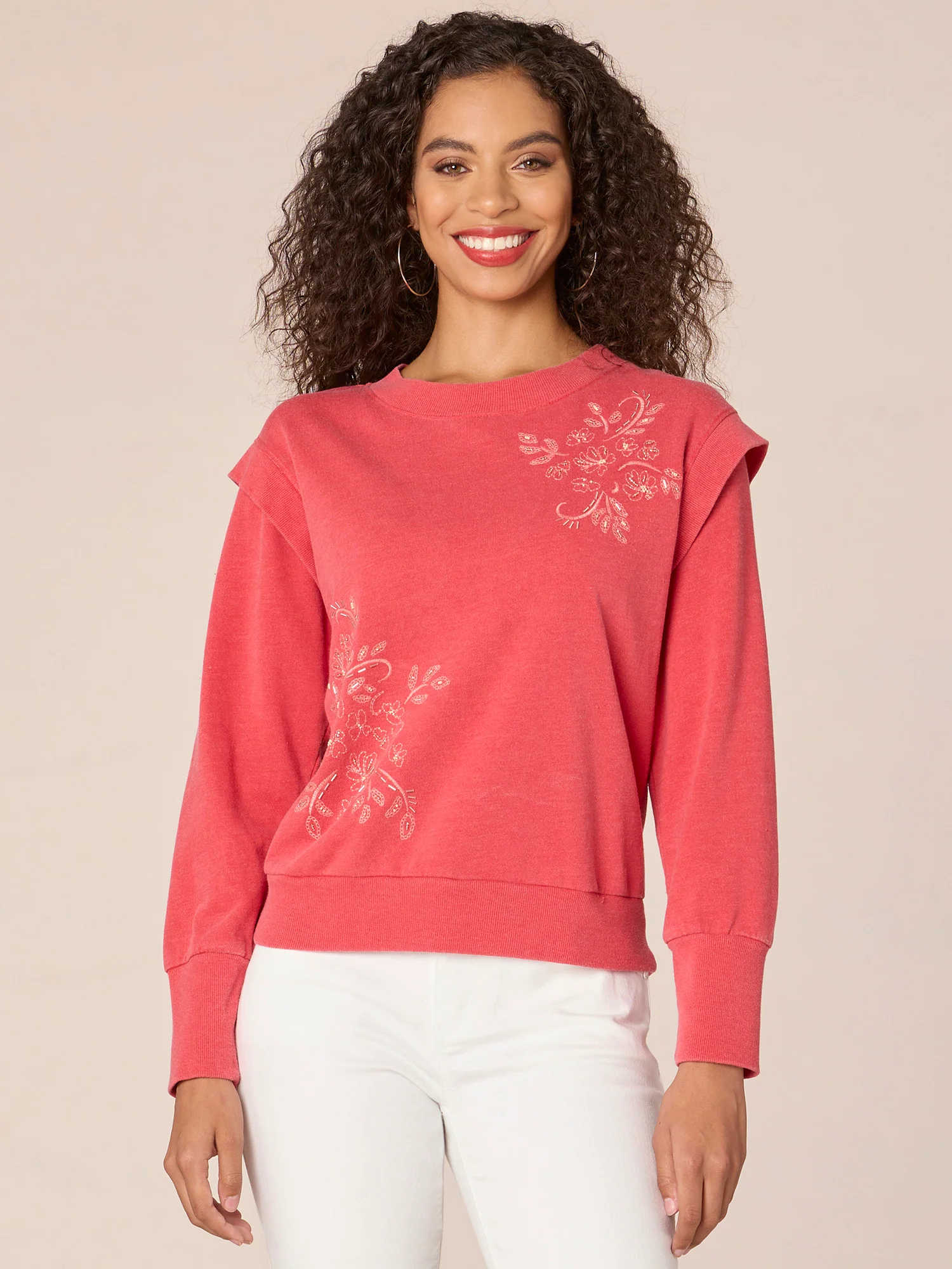 Long Blouson Sleeve Flange Shoulder Scoop Neck Embroidered Knit Top - Legahigh