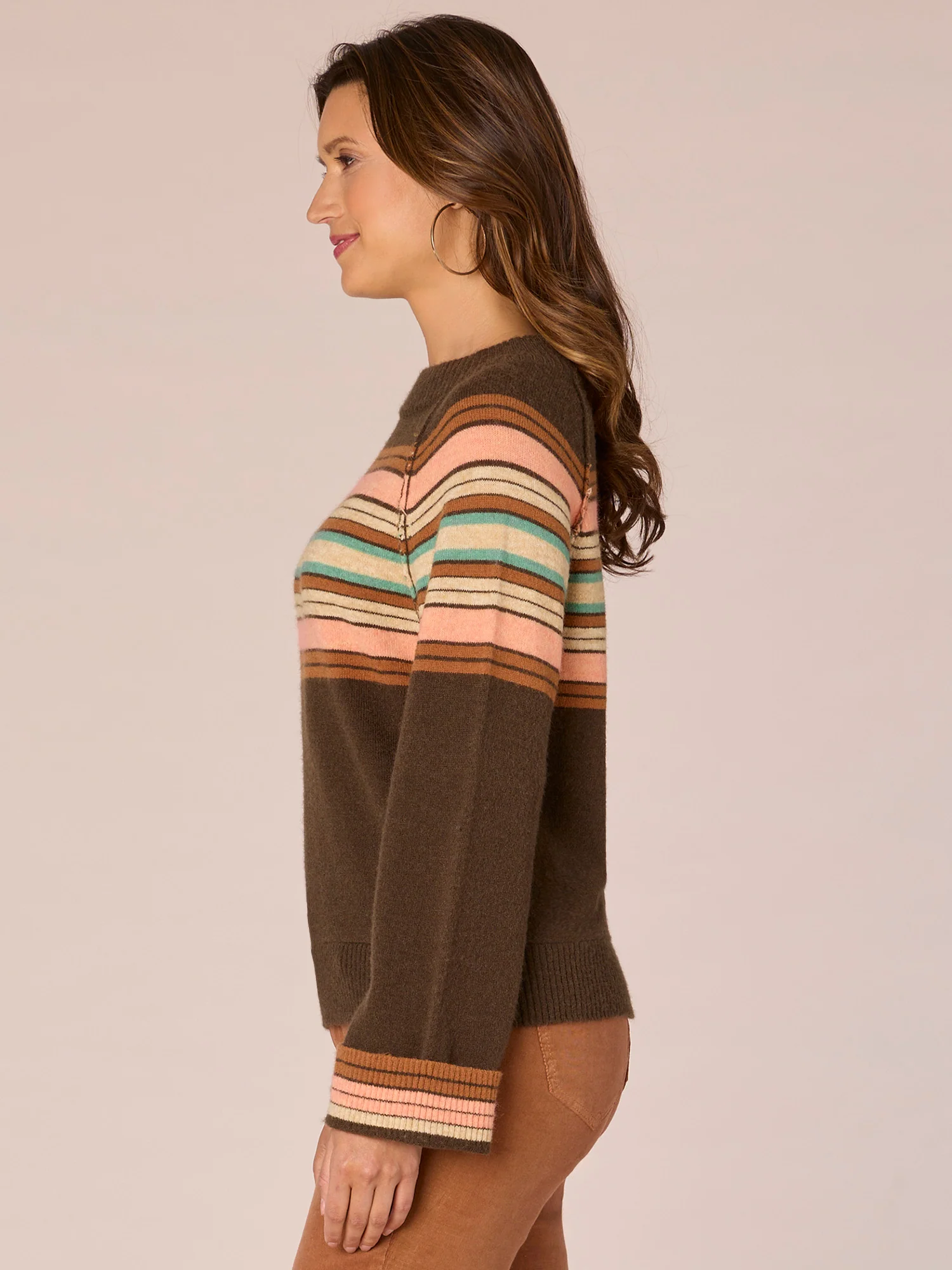 Long Cuffed Sleeve Mock Neck Placement Stripe Raw Stitch Sweater - Legahigh