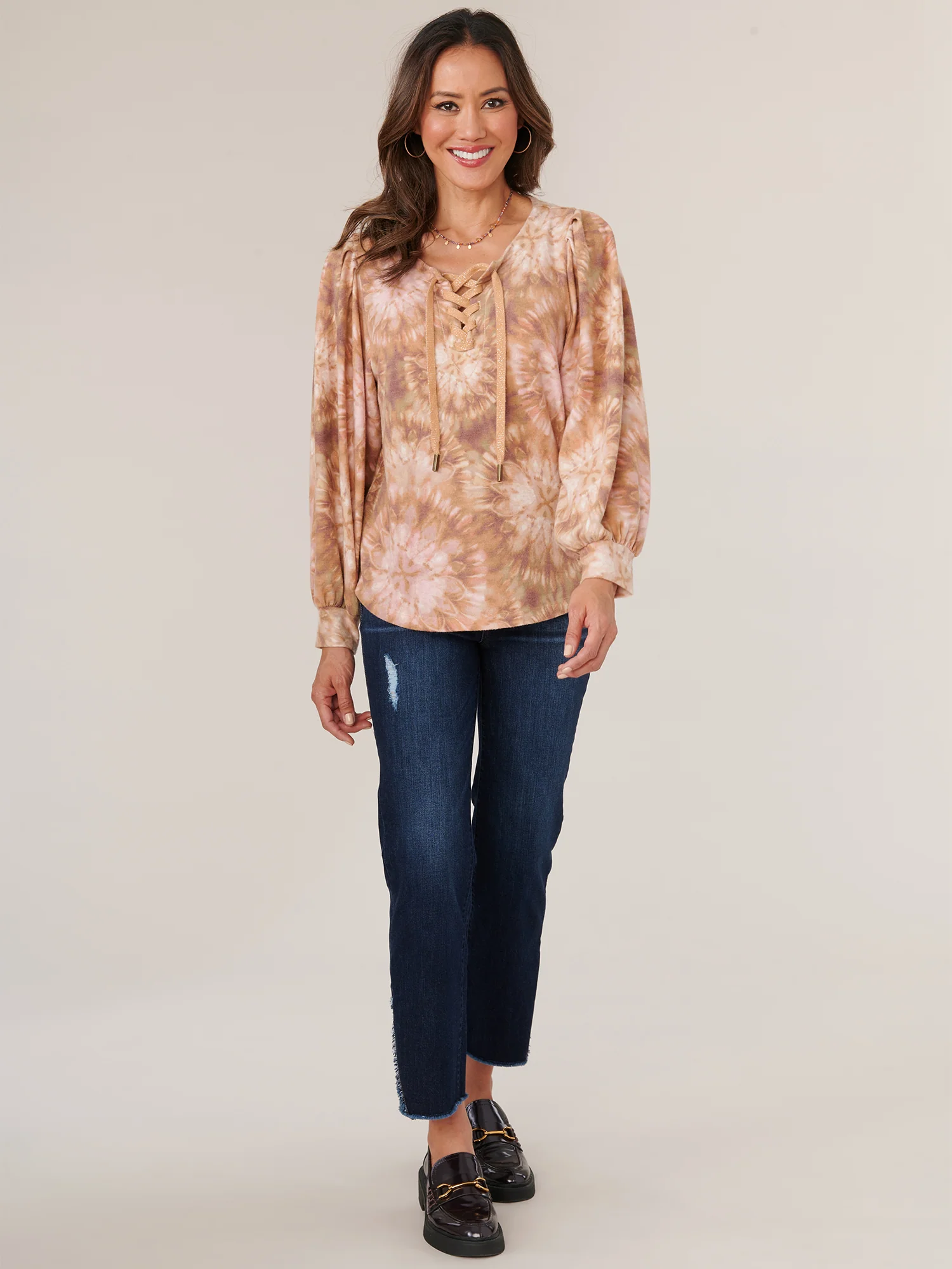 Long Blouson Sleeve Lace Up Scoop Neck Printed Knit Top - Legahigh