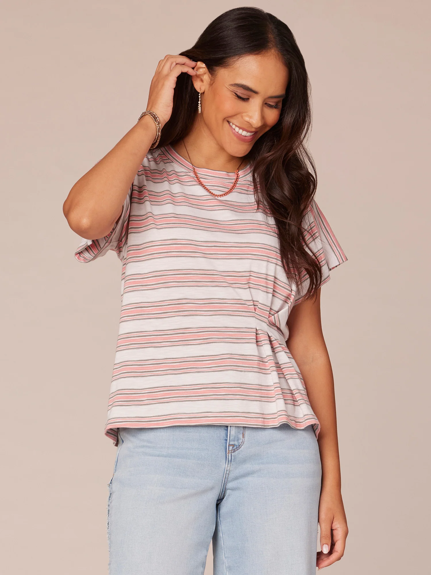 Short Sleeve Crew Neck Side Pleat Stripe Print Knit Top - Legahigh