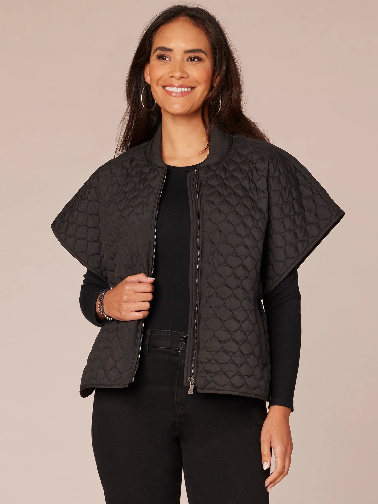 Extended Sleeve High Neck Zip Front Drawstring Waist Woven Caplet - Legahigh