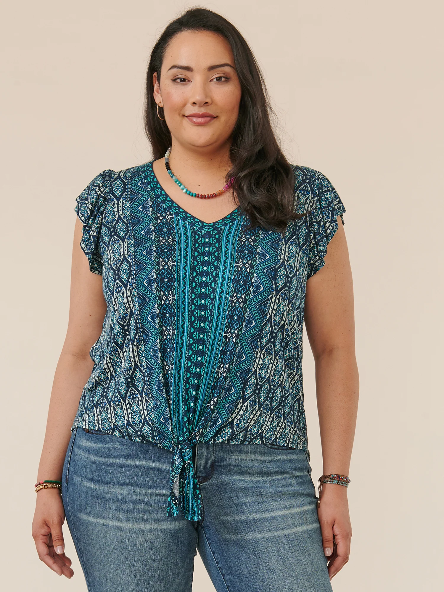 Flutter Sleeve V-Neck Tie Front Abstract Print Plus Size Knit Top - Legahigh