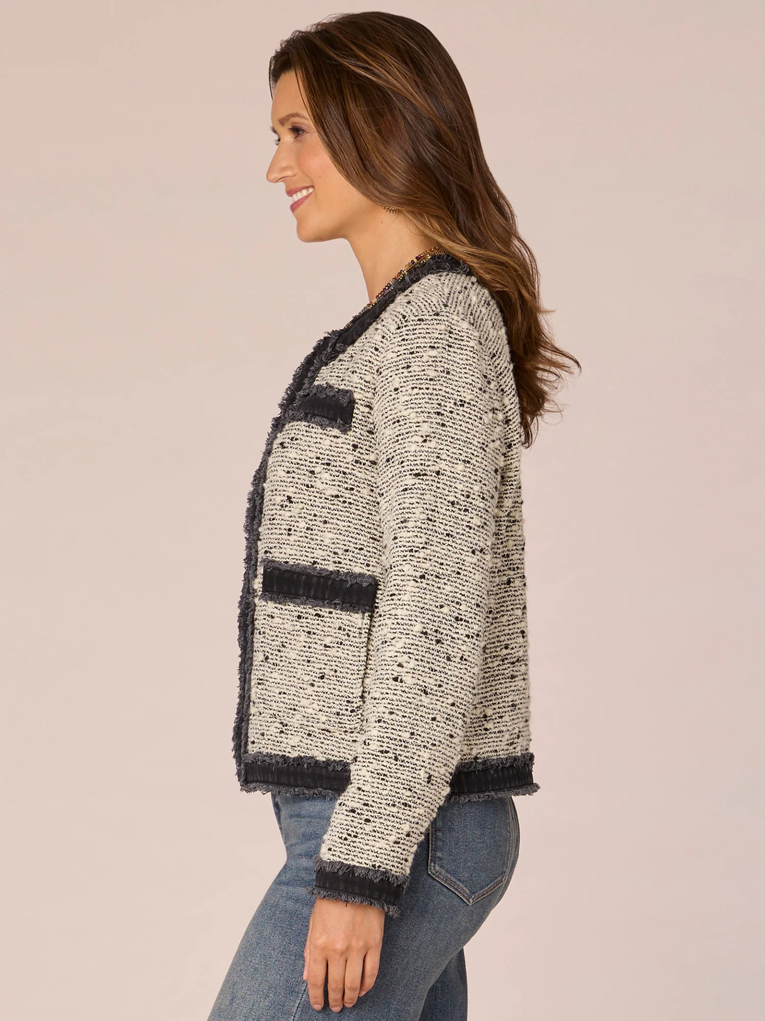 Long Sleeve Open Front Round Neck Denim Framed Fray Jacket - Legahigh