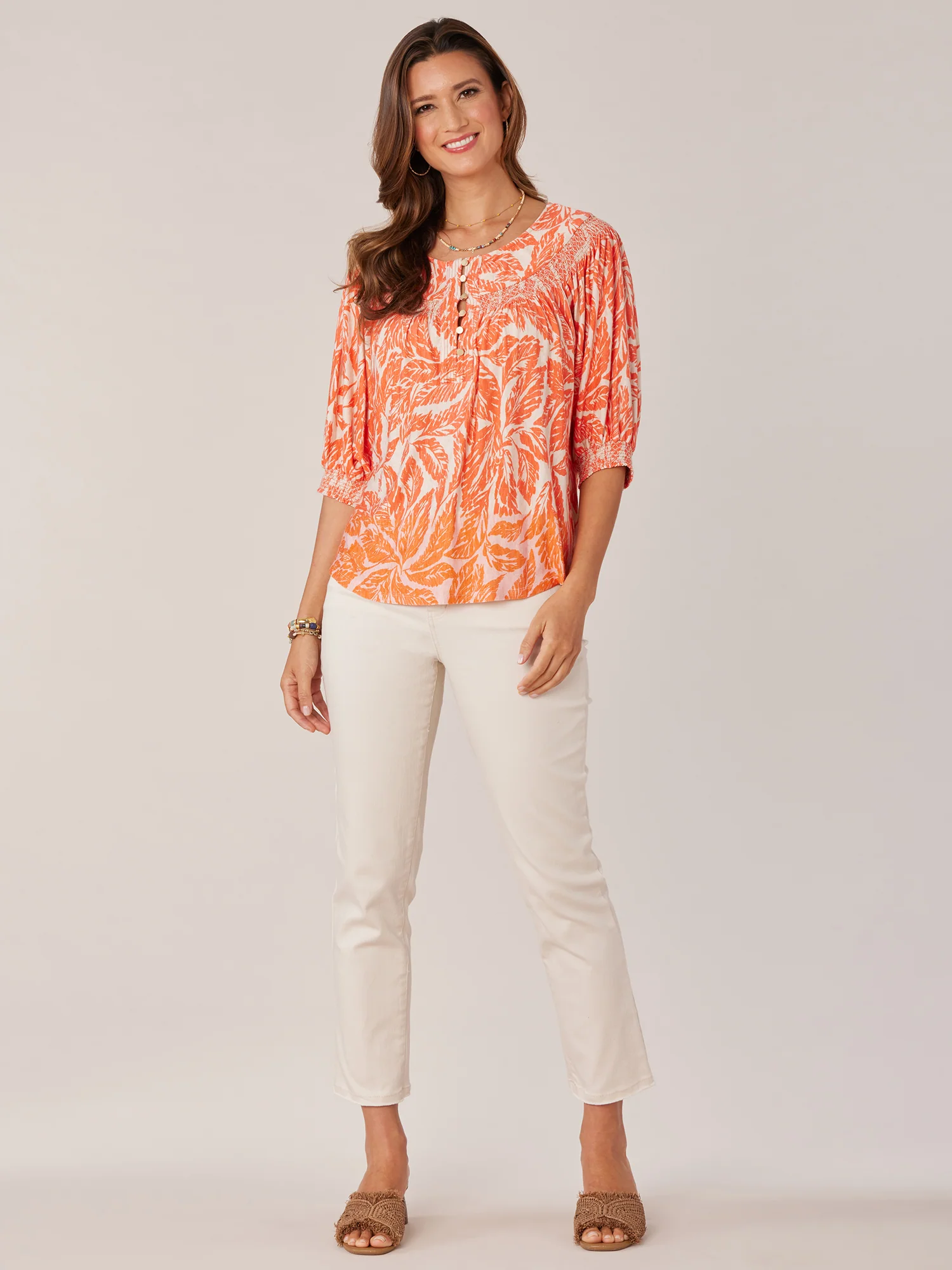 Elbow Smocked Sleeve Scoop Neck Printed Petite Knit Top - Legahigh