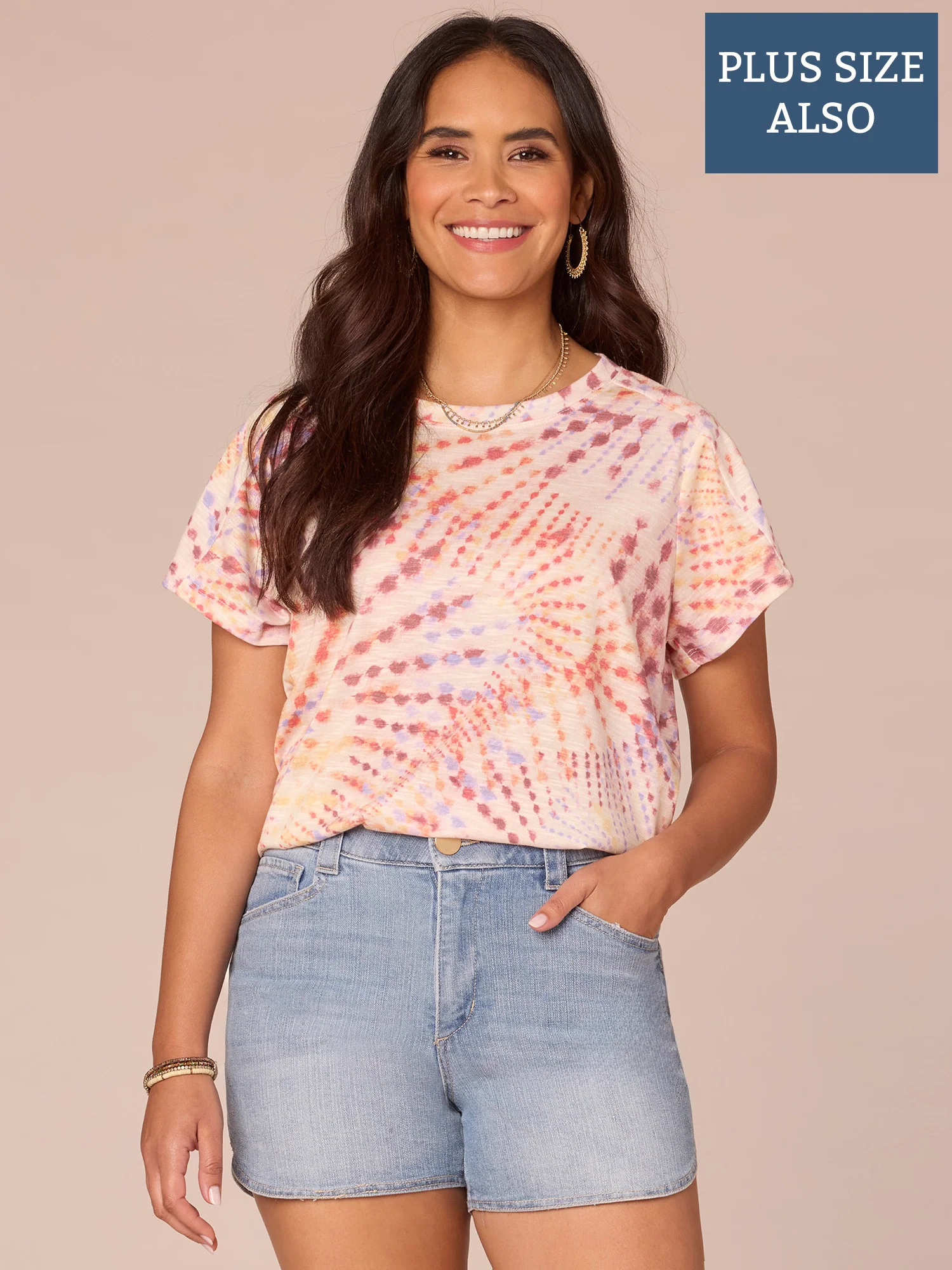 Plus Size Short Sleeve Scoop Neck Printed Knit Boyfriend Tee Shirt - Legahigh