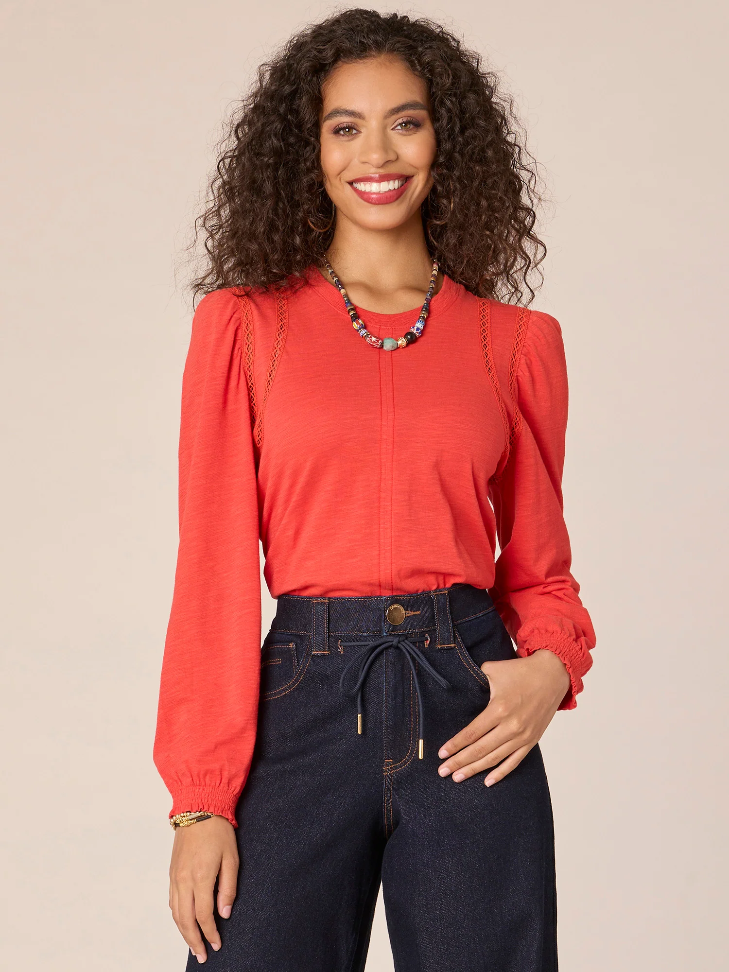 Long Puff Ruffle Sleeve Crew Neck Ladder Crochet Knit Top - Legahigh