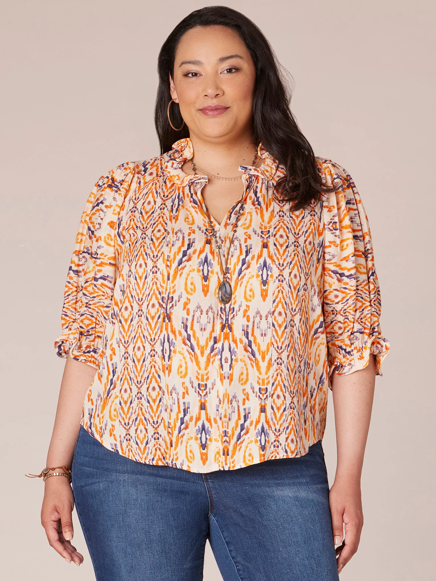 Below Elbow Sleeve Curl Edge Ruffle Neck Printed Plus Size Woven Top - Legahigh
