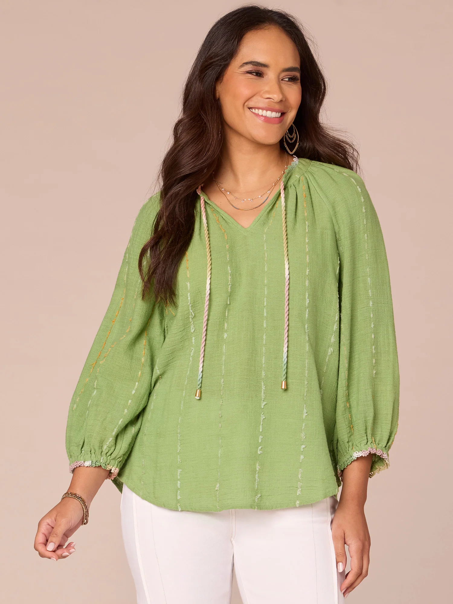 Long Crochet Blouson Sleeve Split V-Neck Braided Tie Front Woven Top - Legahigh