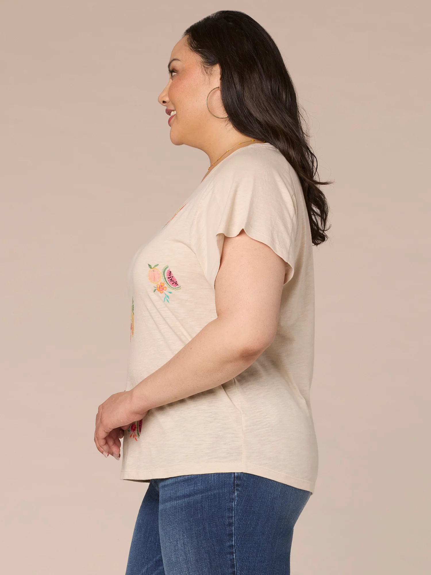 Short Sleeve Scoop Neck Embroidered Front Plus Size Knit Boyfriend Tee - Legahigh