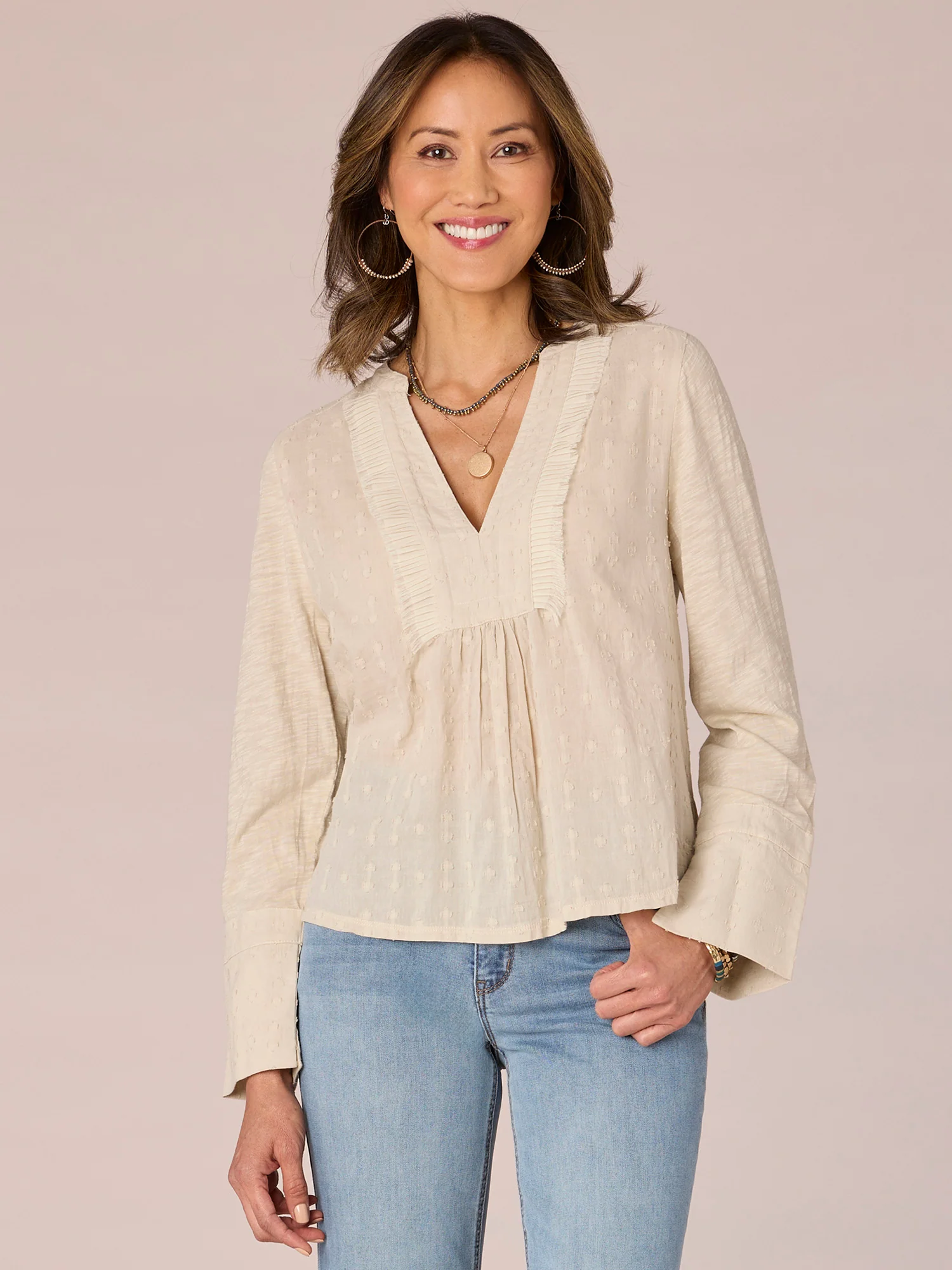 Long Sleeve Split V-Neck Pleat Edge Placket Embroidered Woven Top - Legahigh