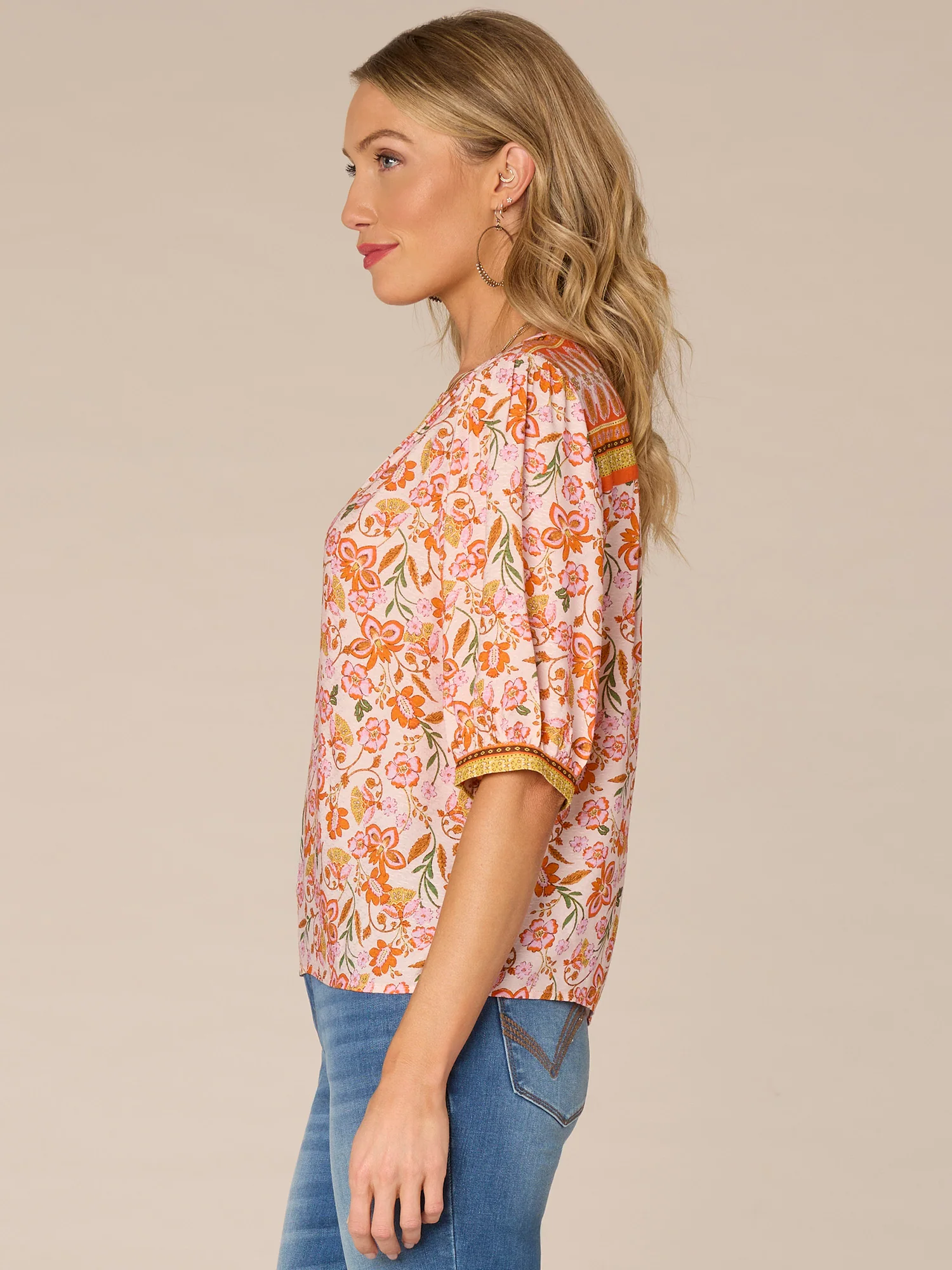 Elbow Sleeve V-Notch Neck Floral Print Woven Top - Legahigh