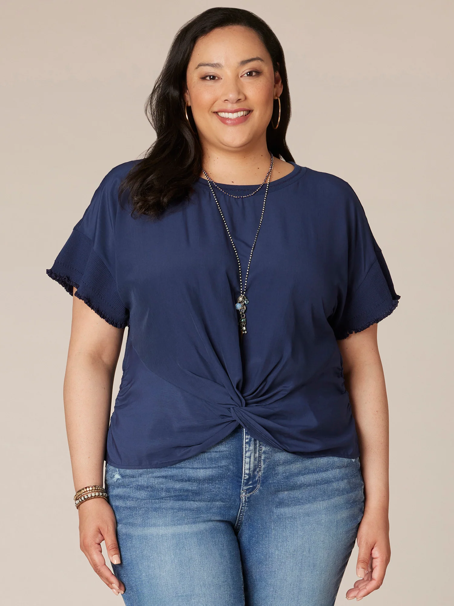Short Ruffle Rib Edge Sleeve Round Neck Plus Size Woven Top - Legahigh