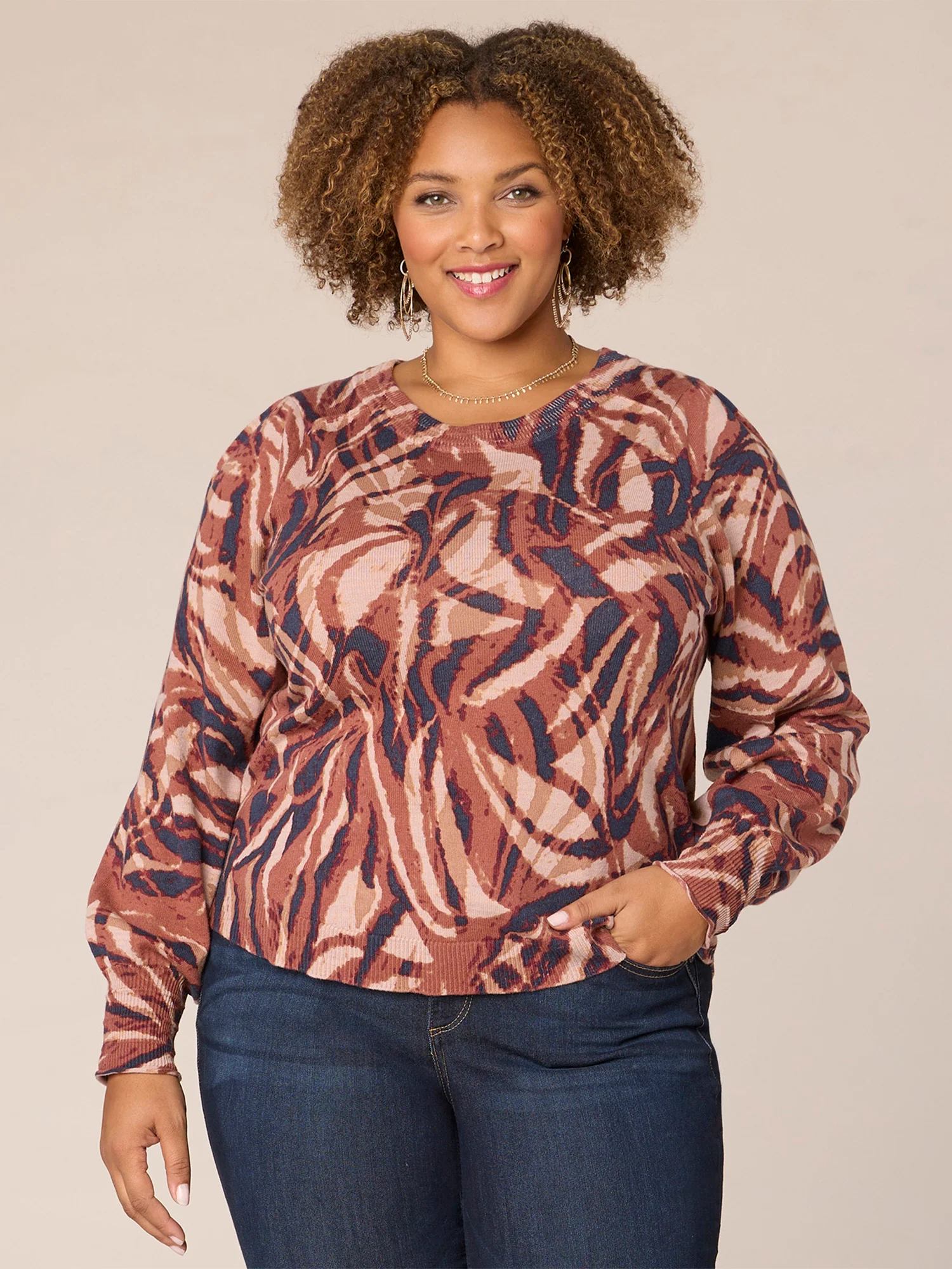 Puff Sleeve Round Neck Abstract Print Plus Size Sweater - Legahigh