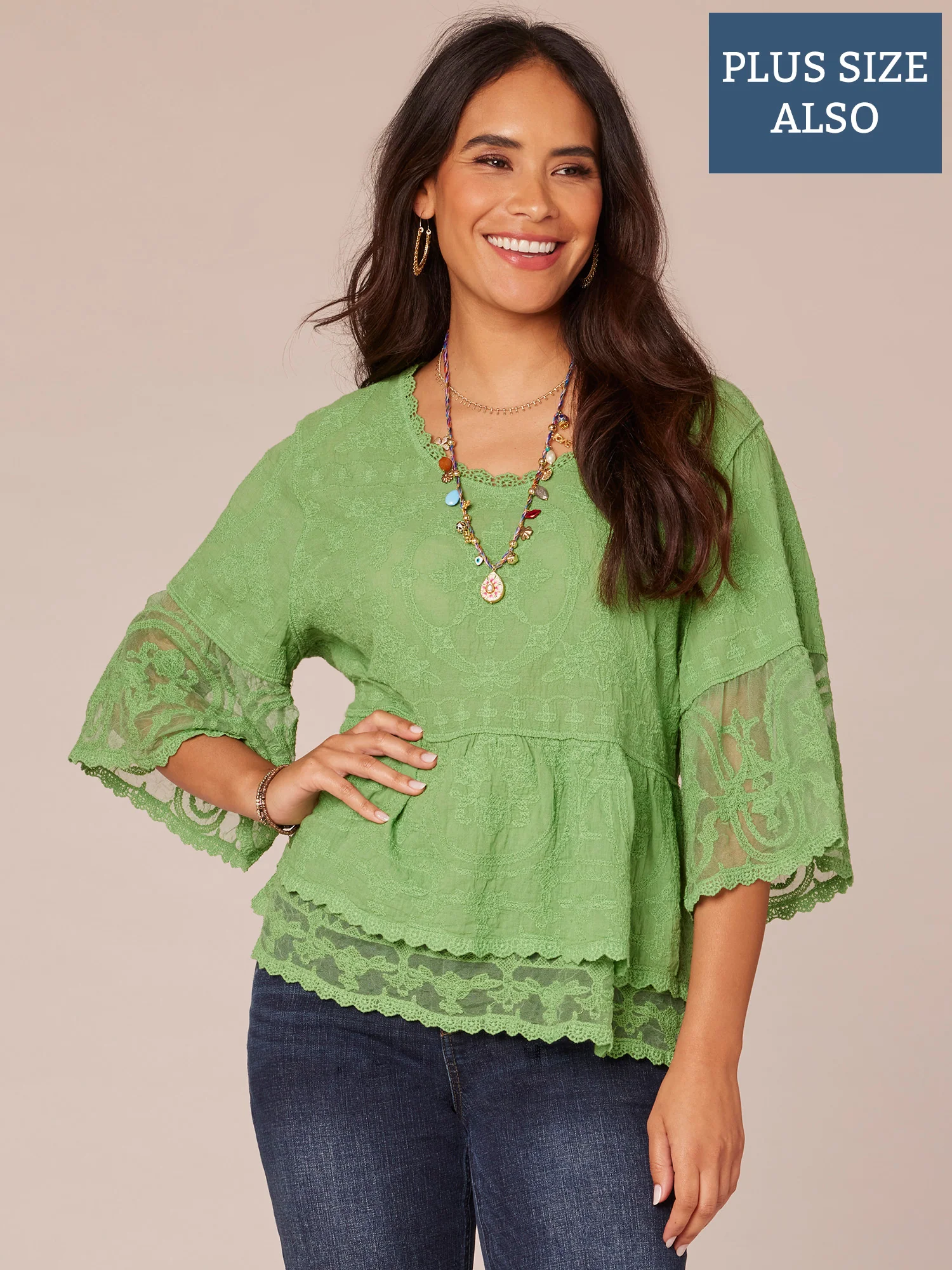 Three Quarter Sleeve Scoop Neck Flounce Peplum Hem Plus Size Woven Top - Legahigh