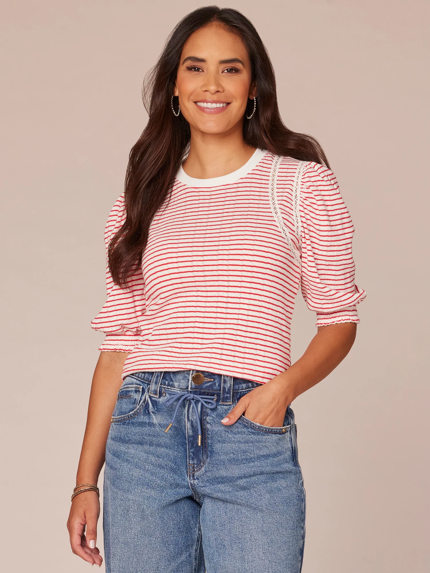 Elbow Sleeve Crew Neck Stripe Print Knit Top with Crochet Stitch - Legahigh