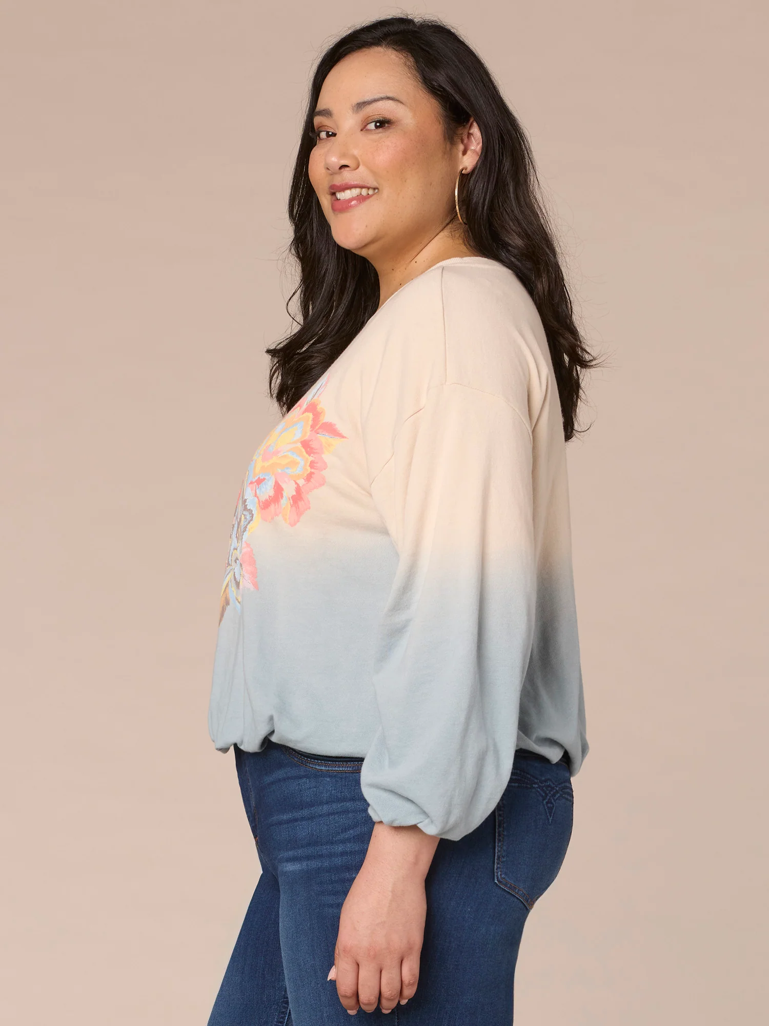 Long Sleeve Crew Neck Dip Dye Screen Print Plus Size Knit Sweatshirt - Legahigh