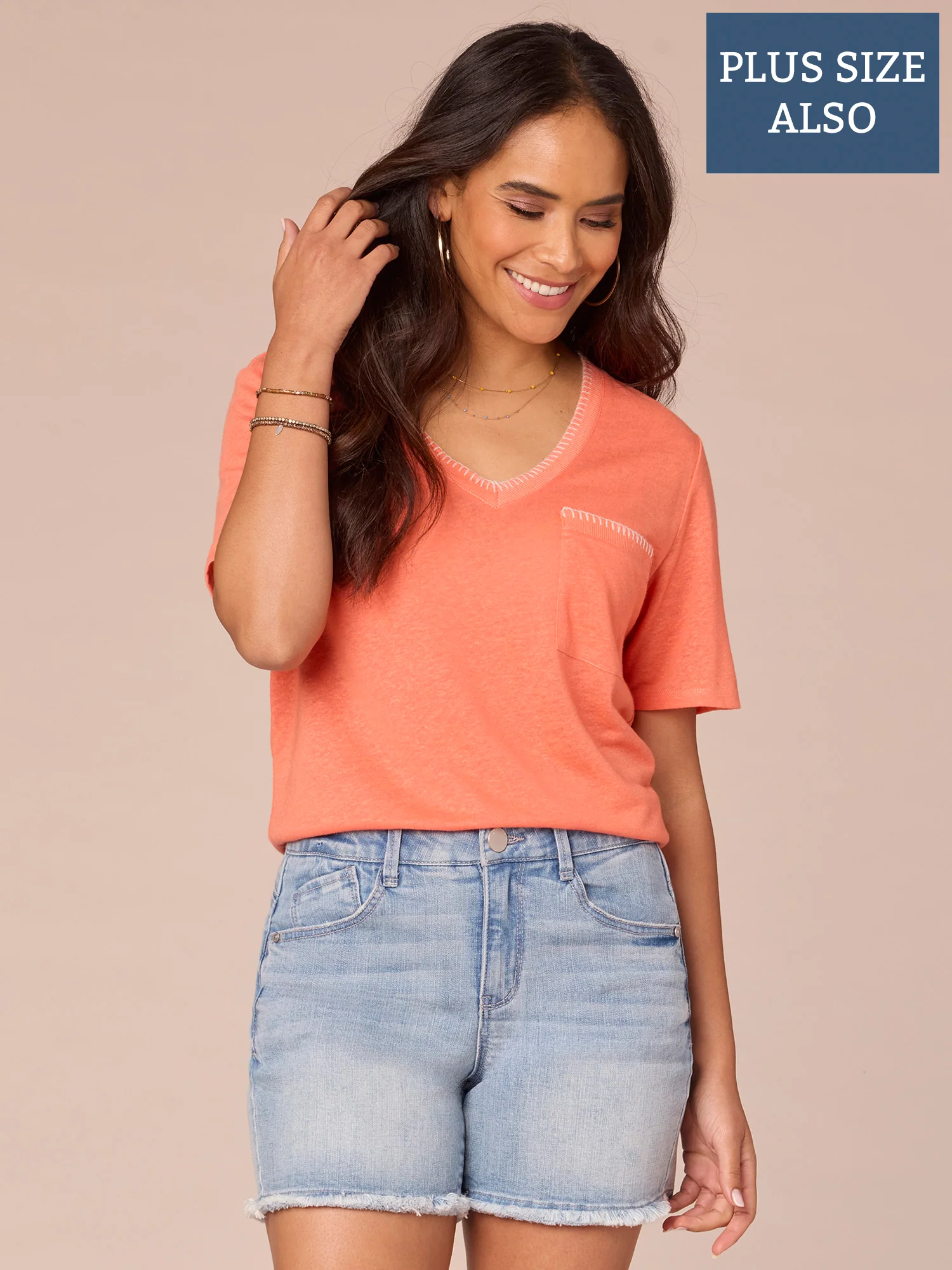 Short Sleeve V-Neck Blanket Stitch Shirttail Hem Plus Size Knit Top - Legahigh