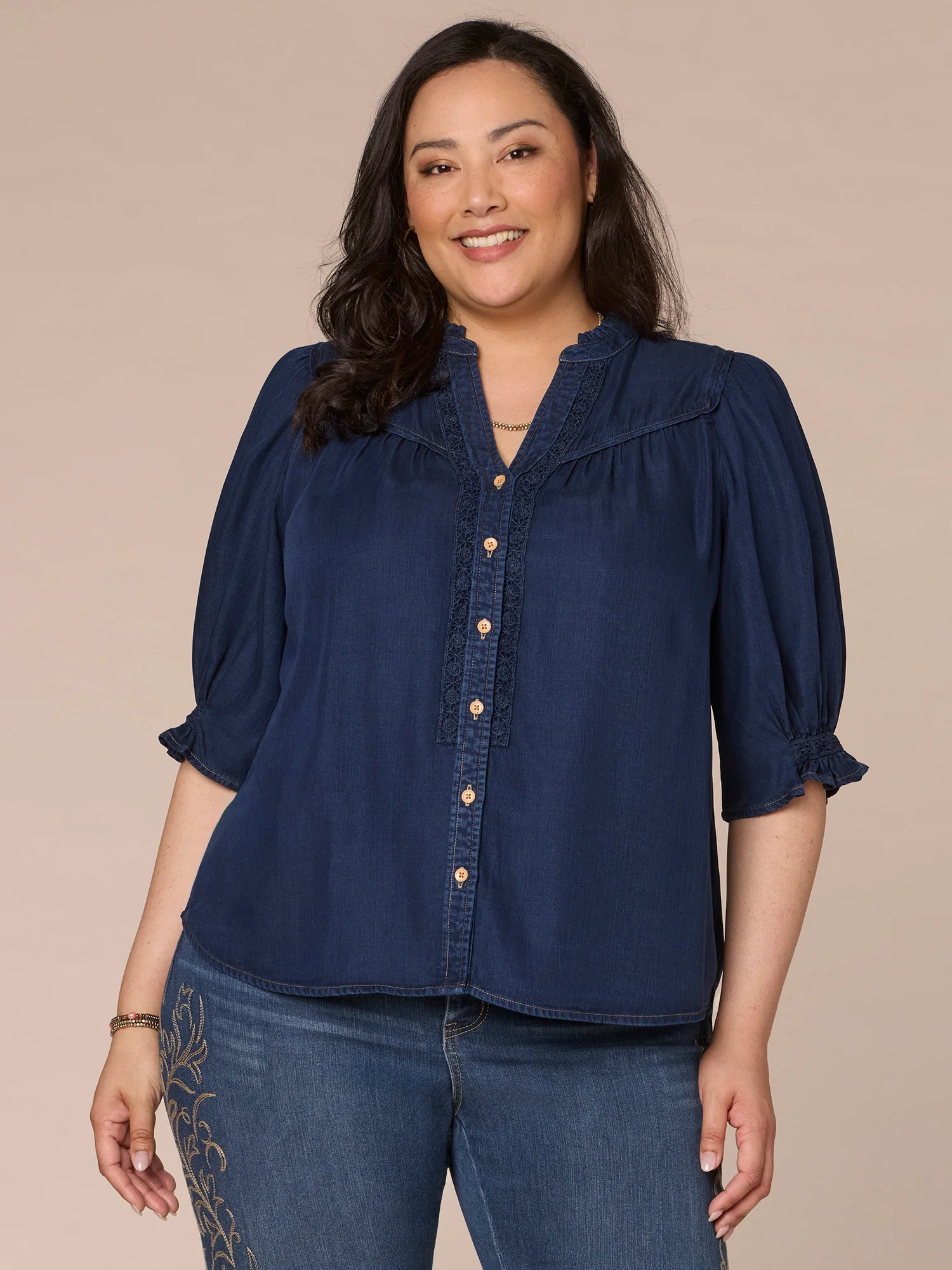 Below Elbow Sleeve Split V-Neck Button Down Plus Size Woven Top - Legahigh