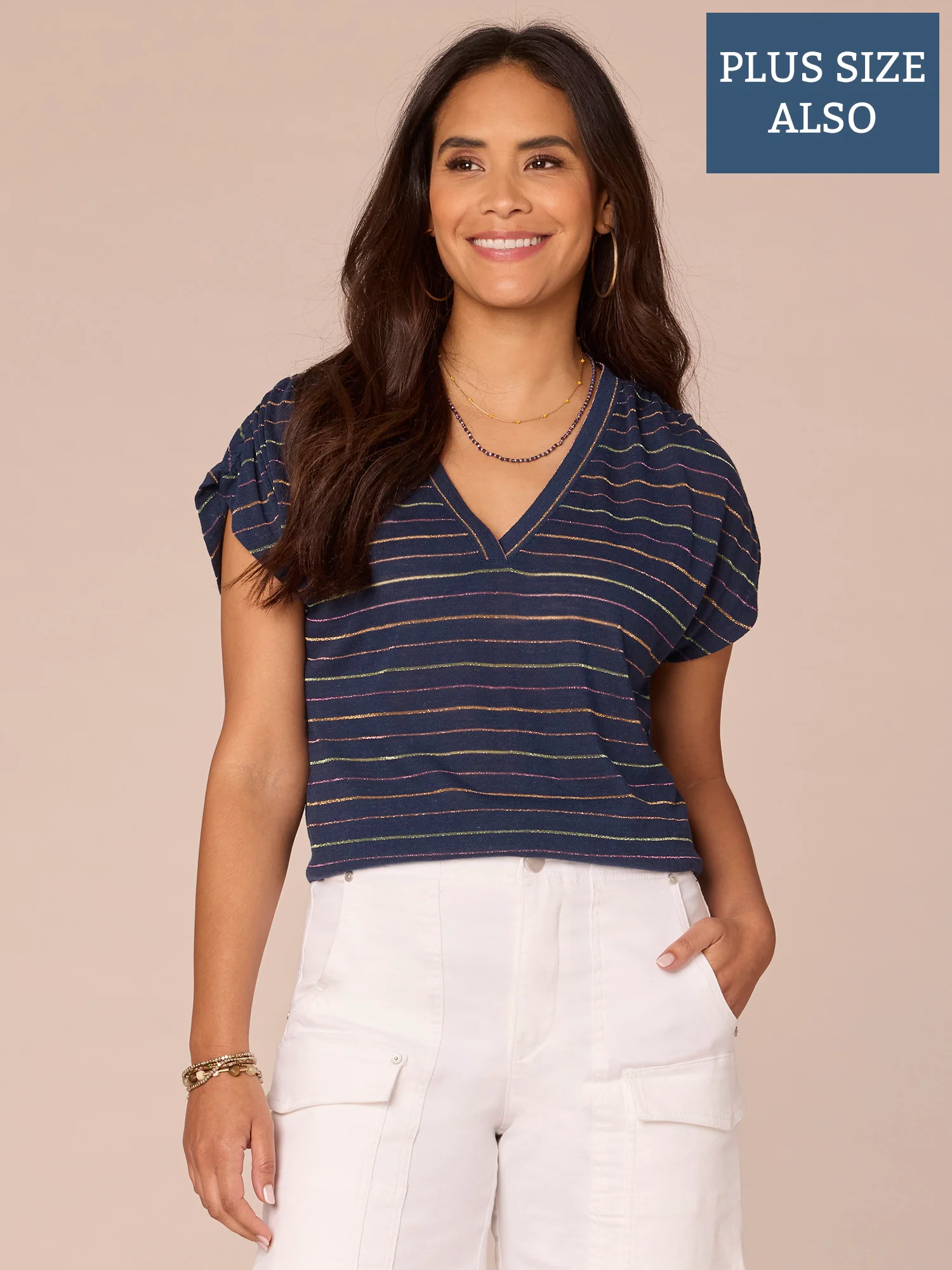 Ruched Short Sleeve V-Neck Shimmery Metallic Stripe Plus Size Knit Top - Legahigh