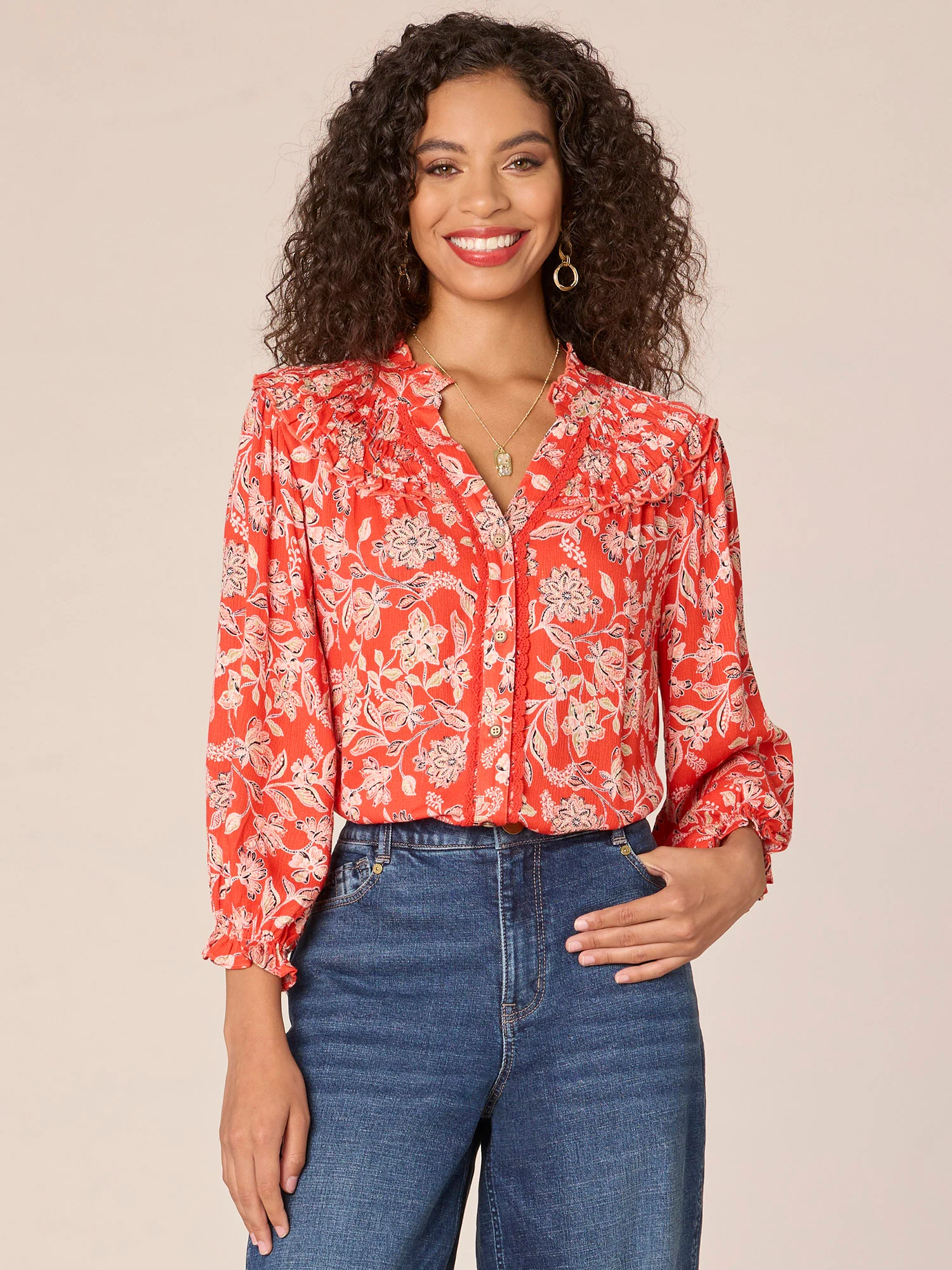 Blouson Sleeve Ruffle V-Neck Button Down Floral Printed Woven Top - Legahigh