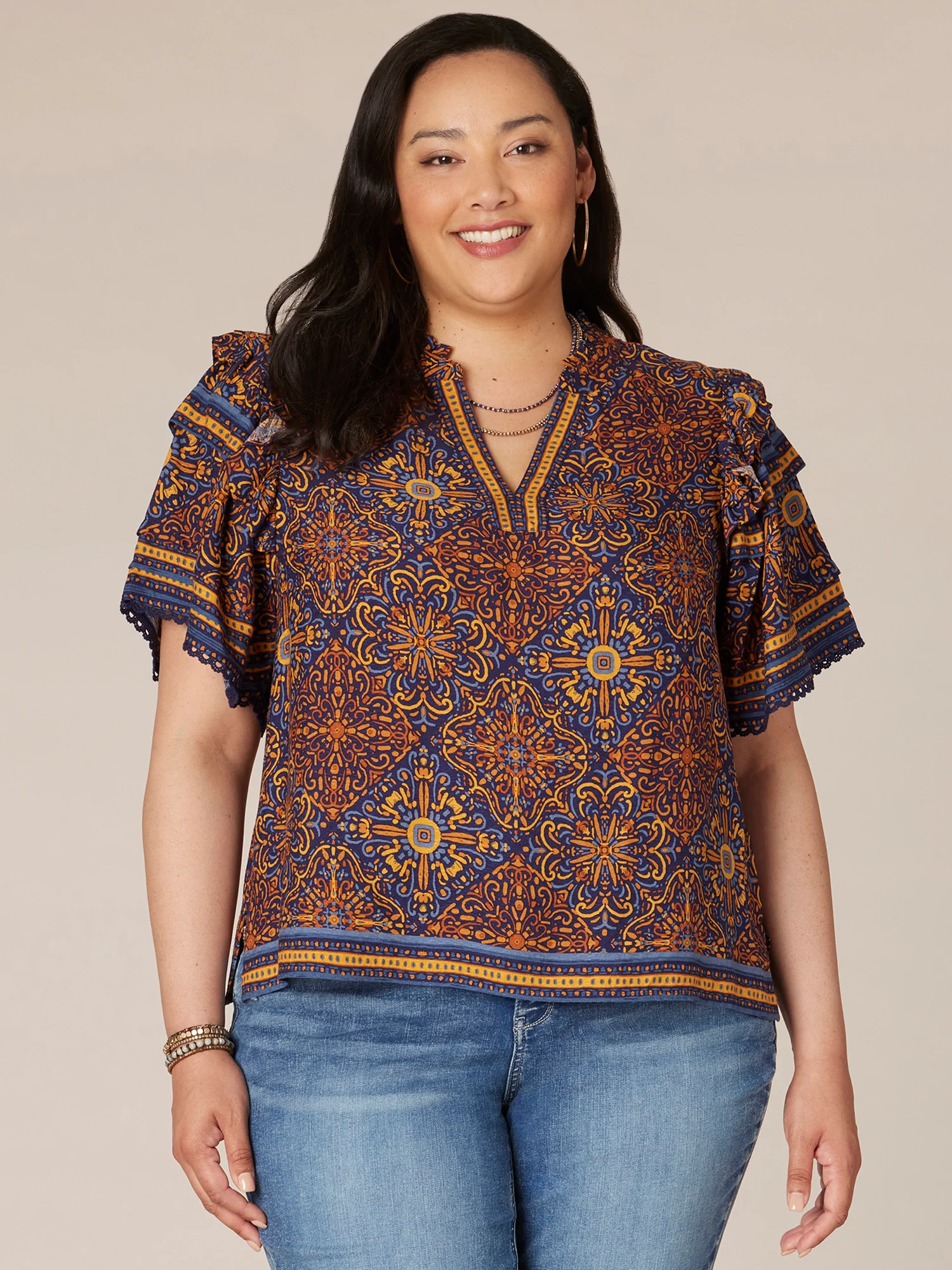 Short Pleated Sleeve Stand Collar Border Print Plus Size Woven Top - Legahigh
